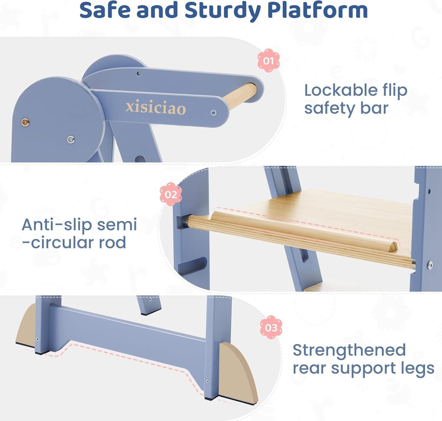 Forubar Learning Tower Toddler Tower, Foldable Learning Tower, Kids Step Stool with Adjustable Height, Kids Montessori Kitchen Bedroom Helper with Safety Rail (Grey) - Grey image number 6