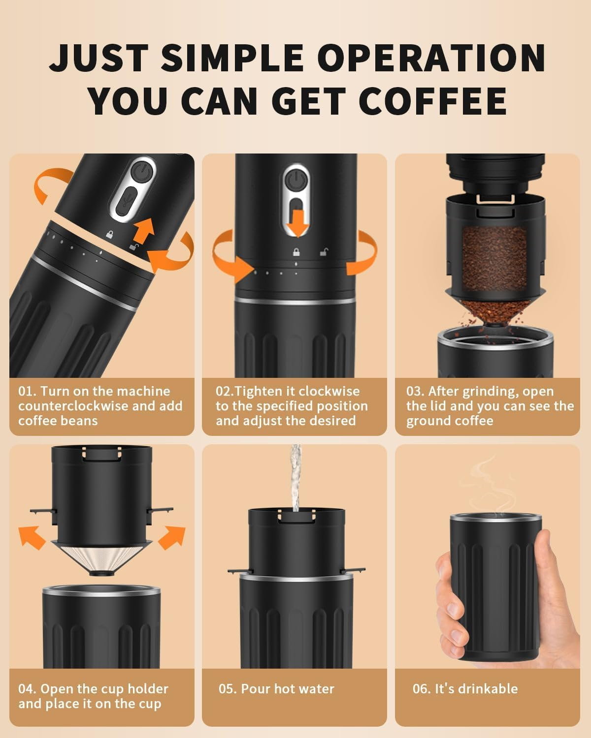 KAWU Portable Electric Coffee Grinder, USB Rechargeable, Conical Burr, Battery Powered, SOE Coffee Bean Coffee Maker, Small Cordless Compact for Travel, Camping, Car image number 5