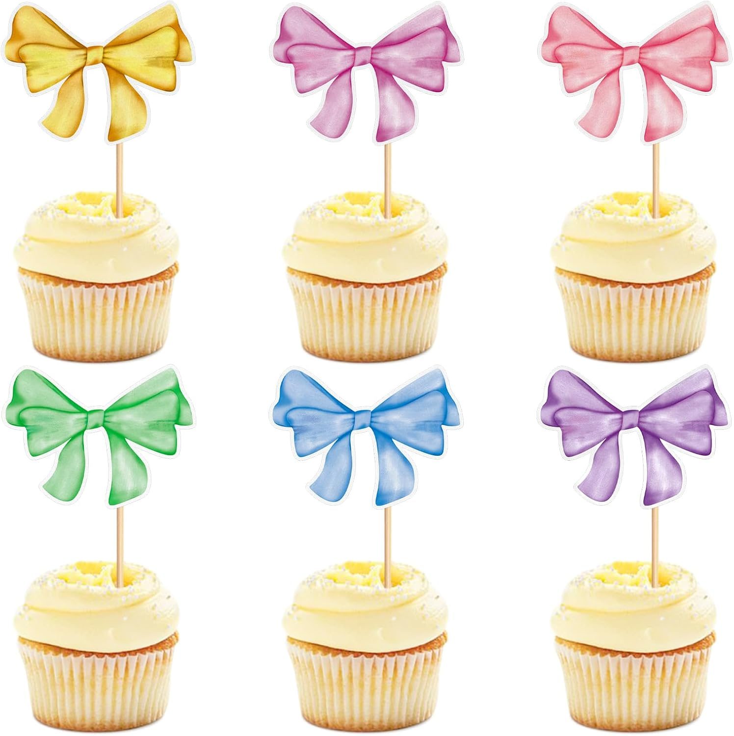 24 Pack Bow Cupcake Toppers Bowknot Pink Purple Blue Yellow Green Mulitycolor Cupcake Picks Bridal Baby Shower Cake Dessert Picks Decoration Baby Girl Birthday Wedding Party Supplies Red