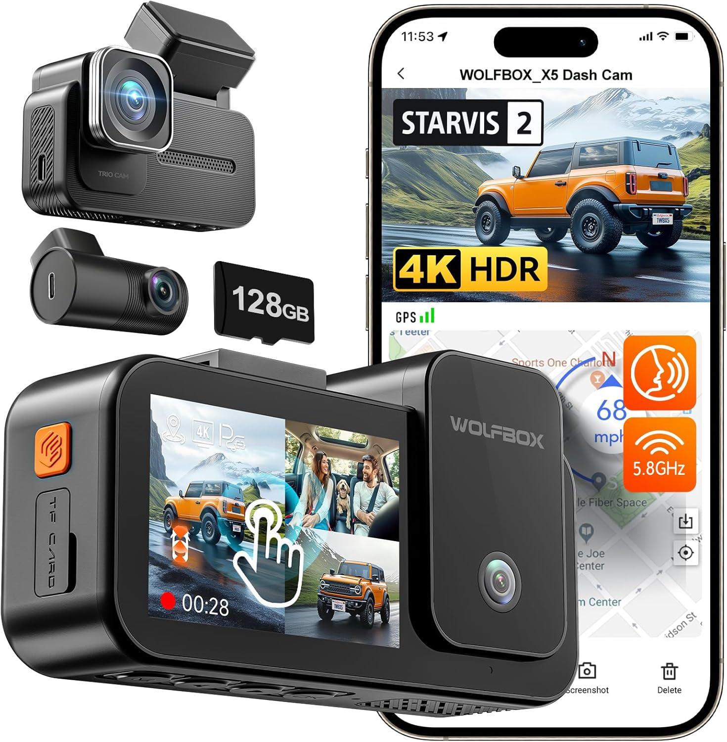 WOLFBOX X5 New 3 Channel 4K HDR Dash Cam, STARVIS 2 IMX678,4K+2.5K+1080P Front and Rear inside Car Camera with 128GB Card, Voice Control, 5.8Ghz Wifi GPS, Touch Screen, Digital Signal, Support 512GB image number 5