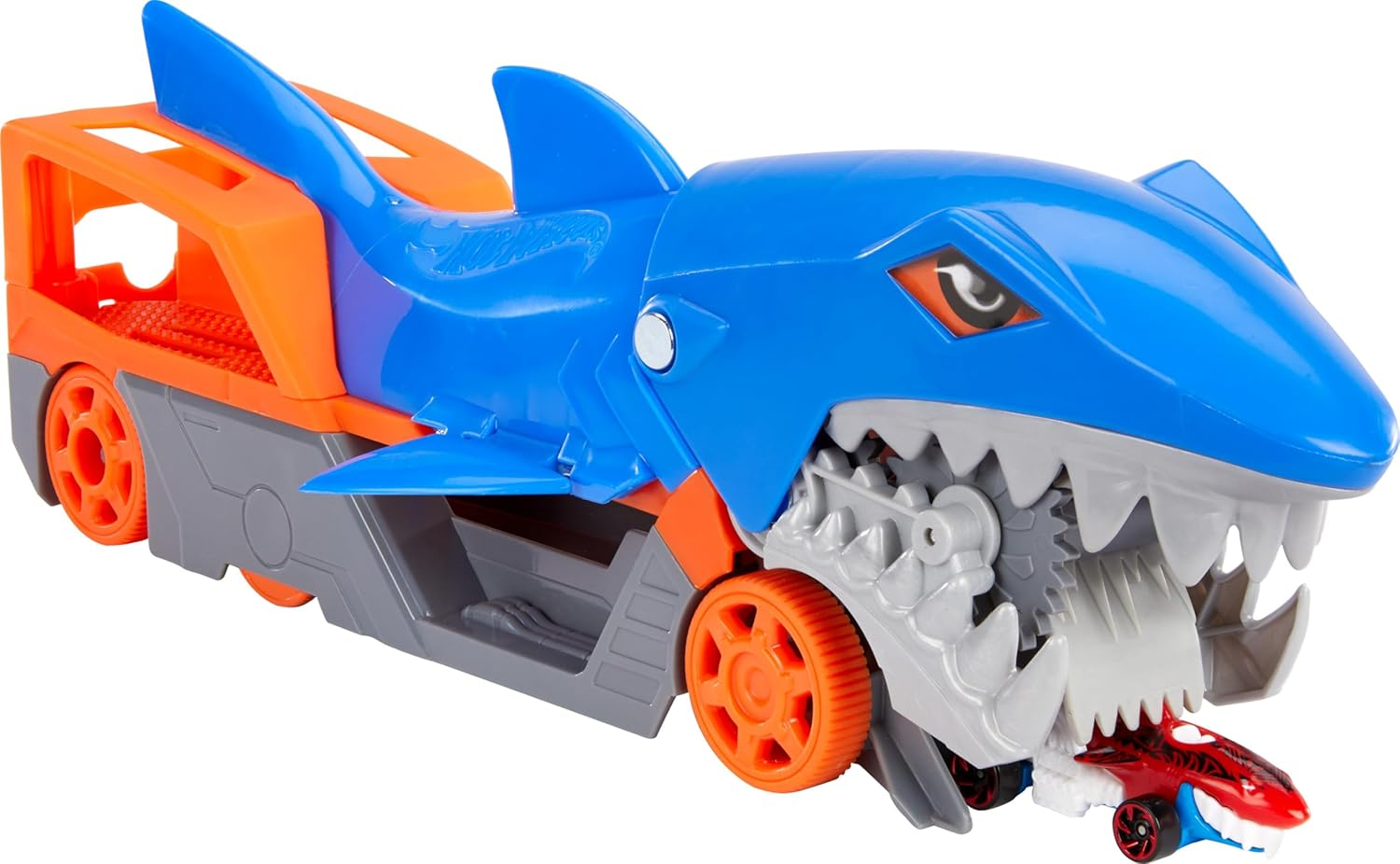 Hot Wheels Shark Chomp Transporter Playset with One 1:64 Scale Car for Kids 4 to 8 Years Old, Shark Bite Hauler Picks up Cars in Its Jaws & Stores up to Five in Its Belly image number 1