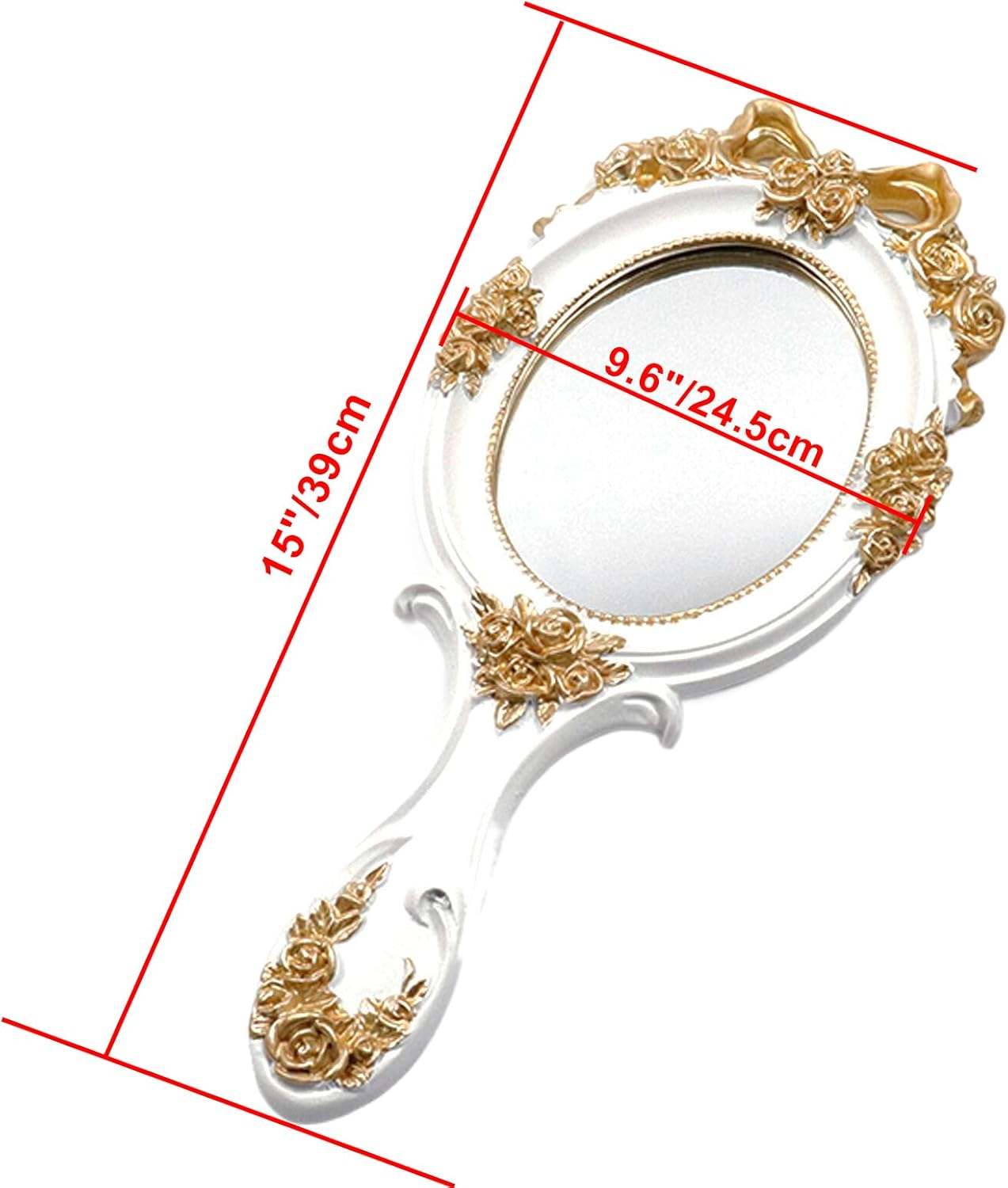 Bitray Handheld Mirror 10" Length Vanity Makeup Mirror Large Decorative Cosmetic Mirror Vintage White Oval Embossed Rose Mirror image number 3
