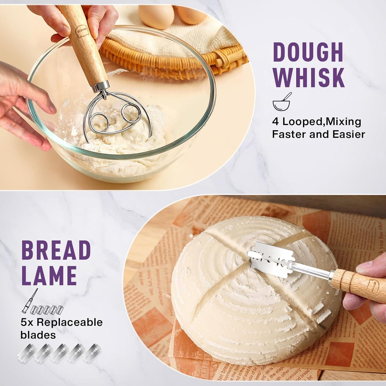MIAOKE Sourdough Bread Baking Accessories Proofing Basket Kit - Dough Whisk, Bread Lame, Proofing Baskets 10 Inch round and 9 Oval, Dough Scraper, Cooking Brush, Basket Liner Complete Sourdough image number 3