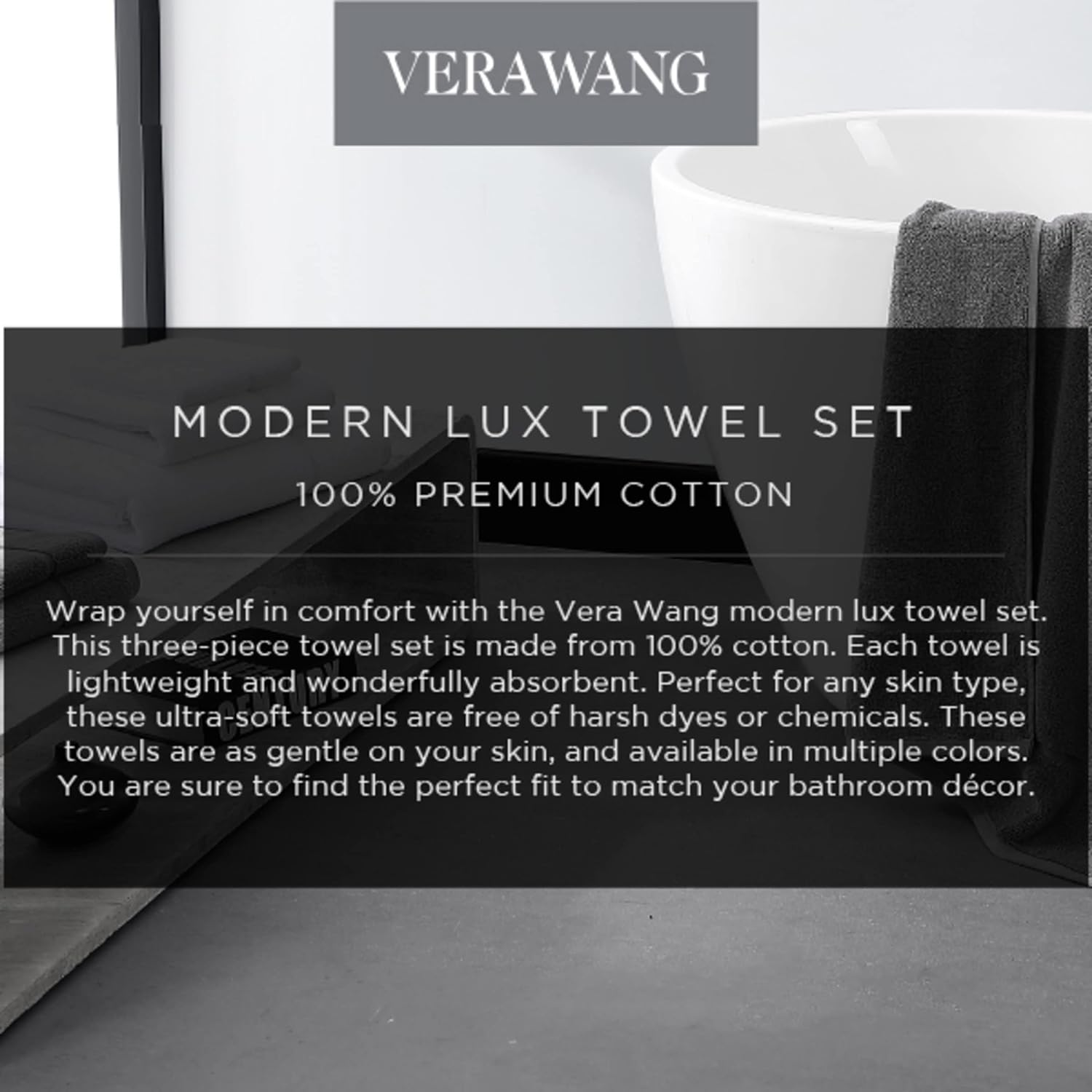 Vera Wang - Bath Towels Set, Luxury Cotton Bathroom Set, Plush & Super Absorbent (Modern Lux Grey, 6 Piece) image number 2