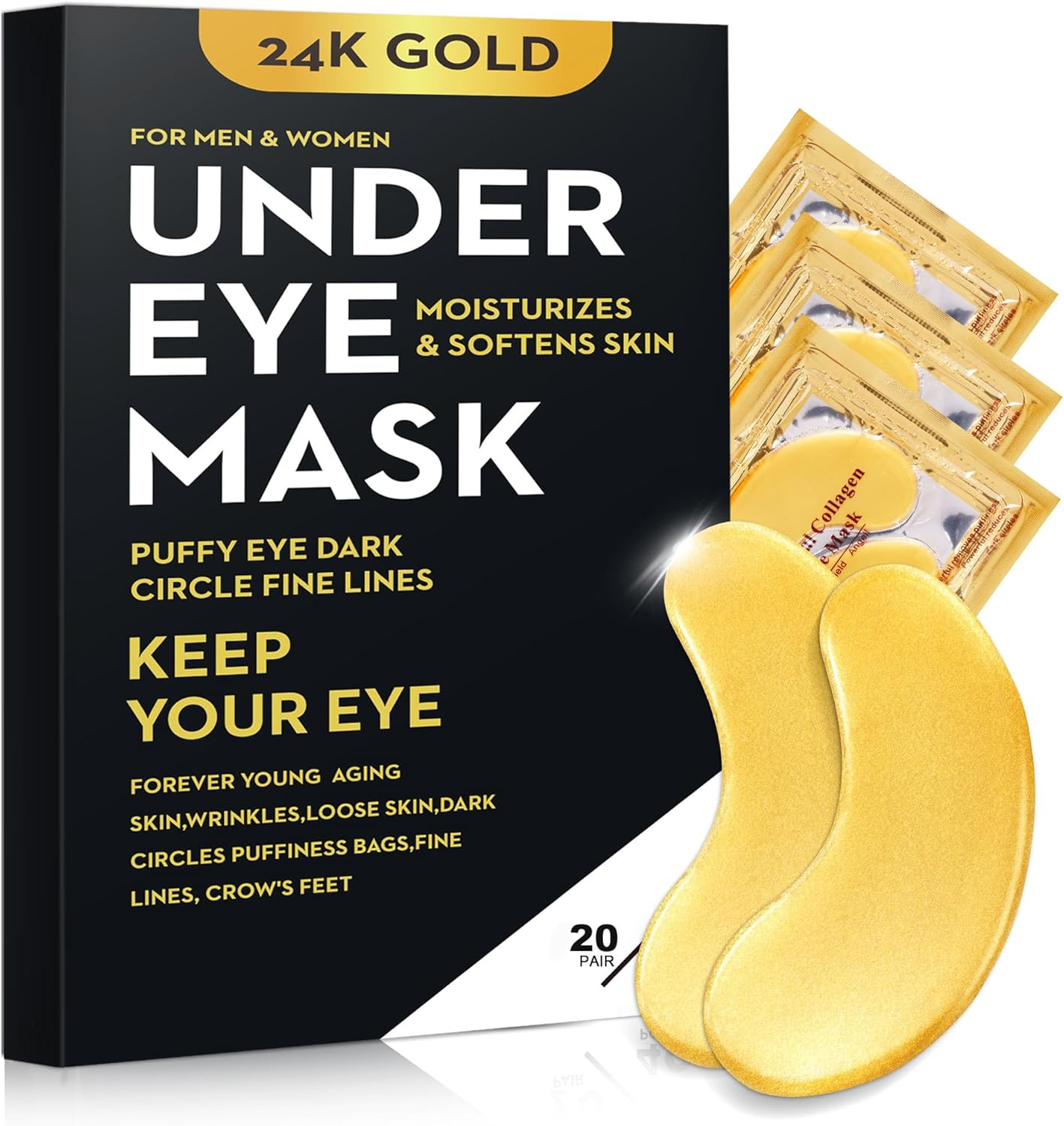 40 Pcs/20 Pairs 24K Gold Eye Mask Collagen under Eye Patch Mask Patches for Dark Circle Puffiness, Refresh, Revitalizing, Travel, Wrinkles, Collagen Eye Patches image number 2