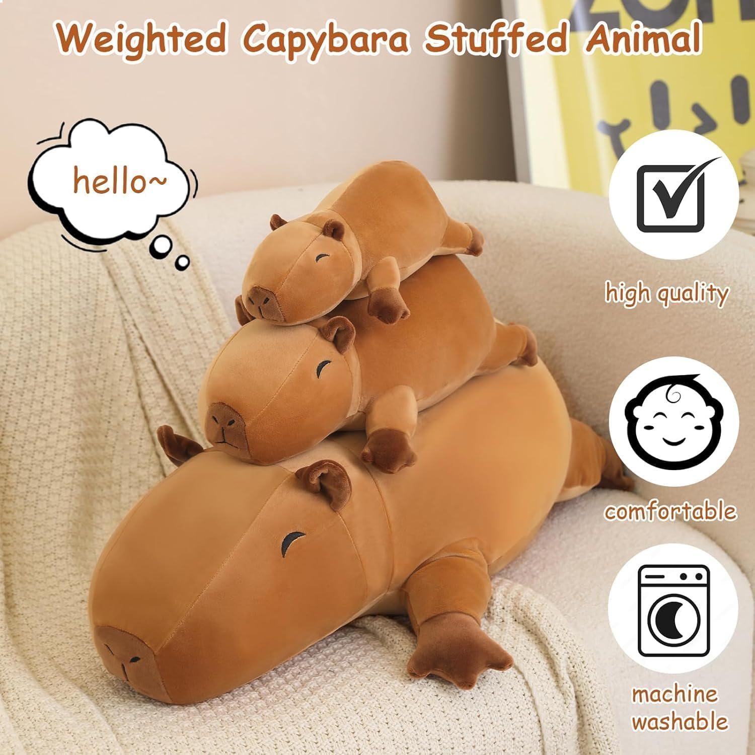 SQEQE Weighted Plush Capybara, Weighted Stuffed Animal for Anxiety, Cute Plushies Soft Pillow Toy Gifts for Kids Adults Christmas & Easter Family Gifts, Children'S Day Presents, 60 CM, 1.4 KG image number 6