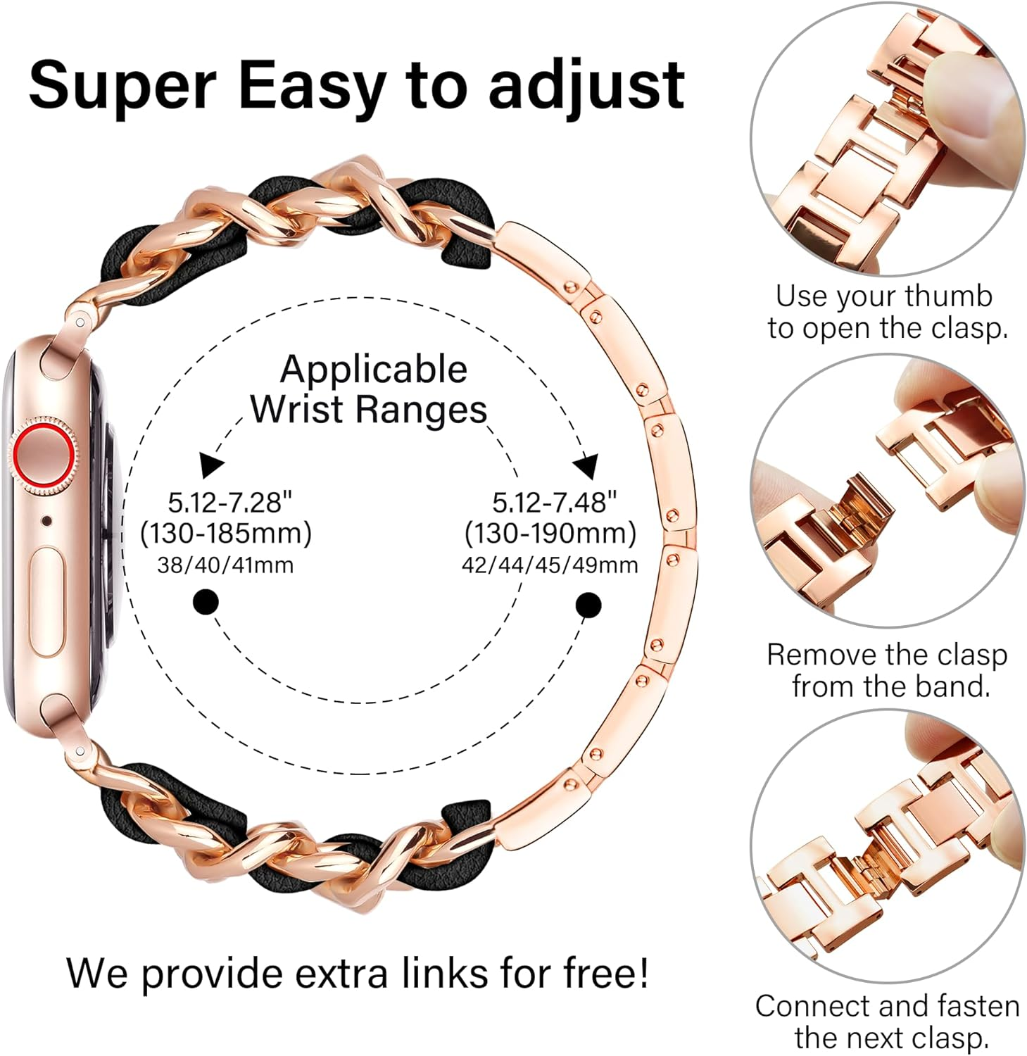 Ocaer Compatible with Apple Watch 49Mm 46Mm 45Mm 44Mm 42Mm 41Mm 40Mm 38Mm, Jewelry Chain Iwatch Band for Apple Watch Series 11 10 9 8 7 6 5 4 Ultra 3 SE 3 2 1,Metal Bracelet with Leather for Women image number 3