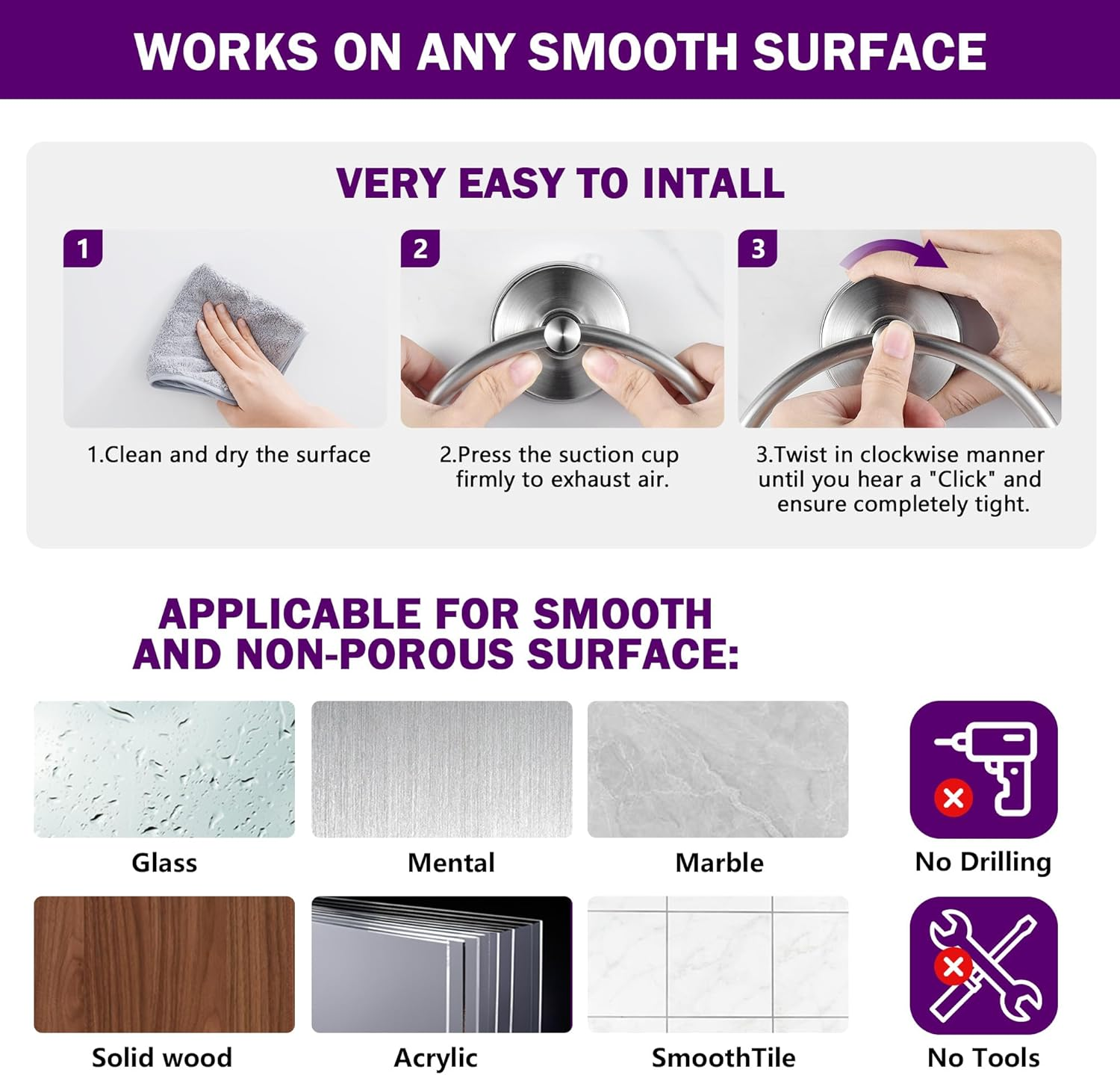 JOMOLA Stainless Steel Suction Towel Ring Holder, No-Drill Bathroom & Shower Accessory, Rustproof Adjustable Towel Rack for Spa, Hotel & Home Use, Brushed Finish, Damage-Free Strong Hold image number 5