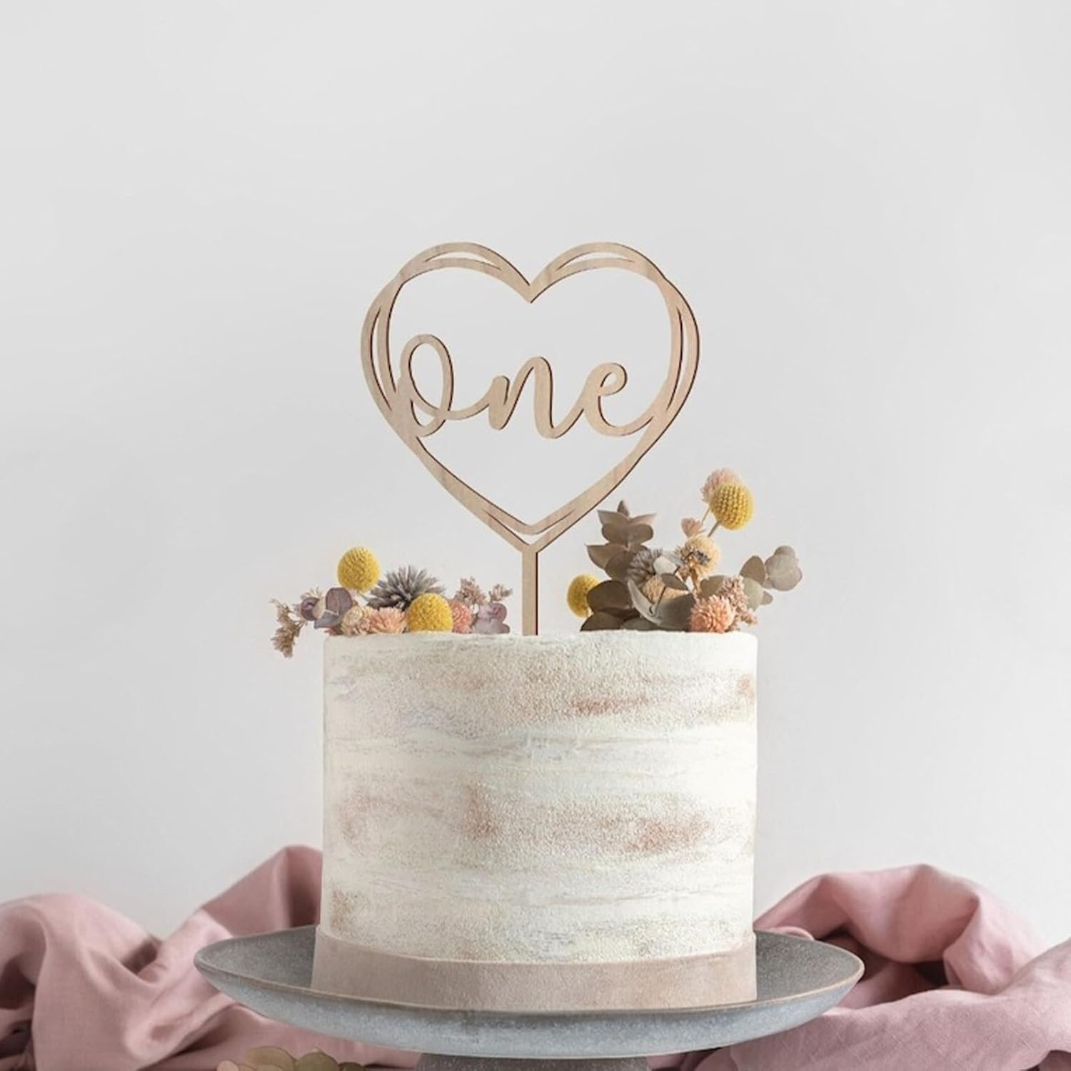 Heart Shaped 'One' Wooden Cake Topper for Birthday, Shower, and Baby Party - Elegant Photo Ready Cake Decoration to Celebrate Special Moments image number 1