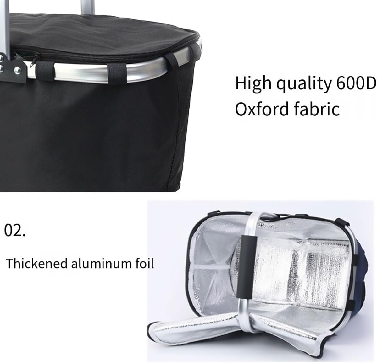 AIMALL Portable Folding Picnic Basket with Aluminium Foil Insulation, 24X39X23Cm Oxford Lunch Cooler Bag for Outdoor Camping, Takeaway, Shopping and Fast Food Storage - Black image number 2