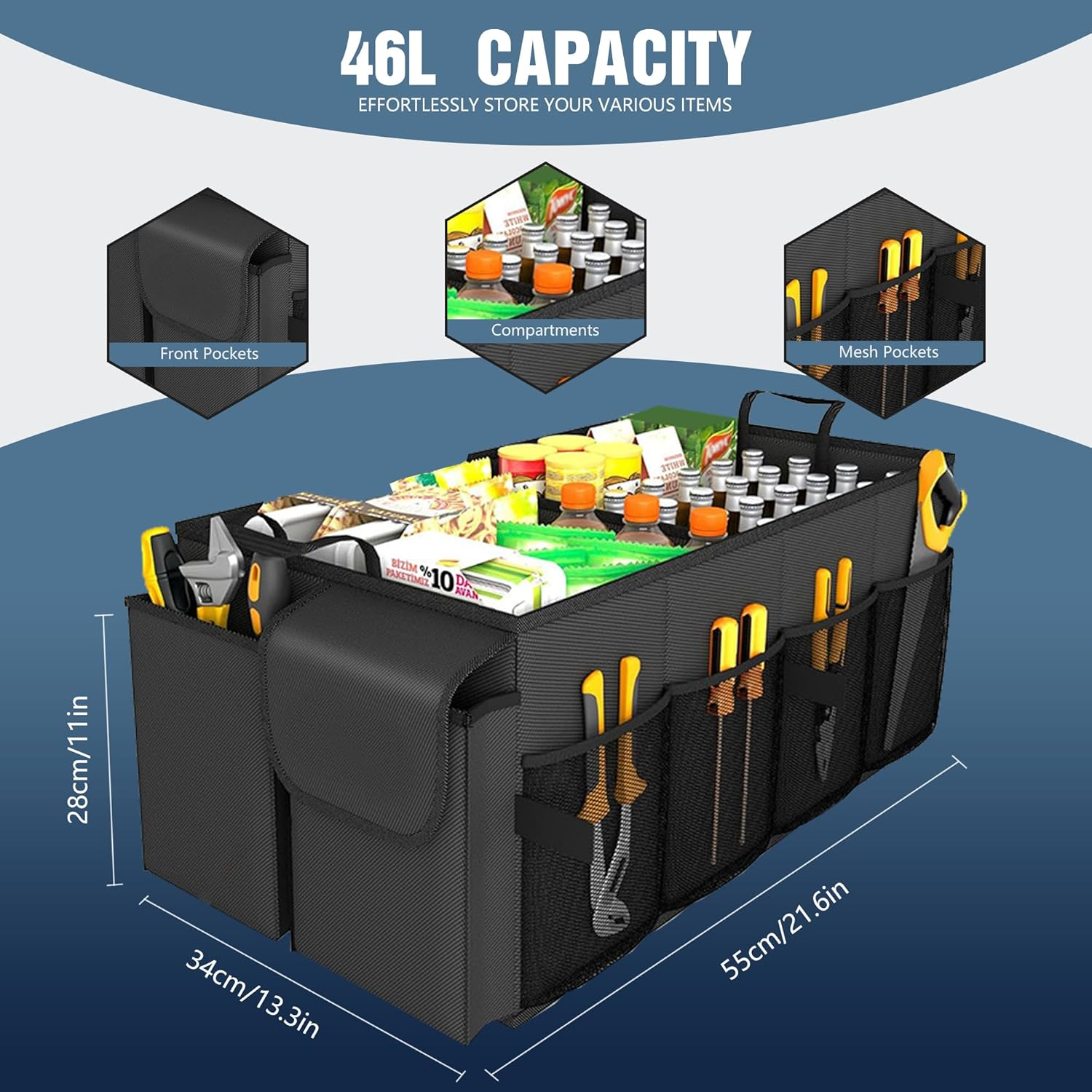 Car Boot Organiser, Car Organiser Box, Foldable Trunk Storage Bag for Storing Car Accessories, Tools, Sundries, with Two Compartments, Black, 22"X13"X11" image number 2