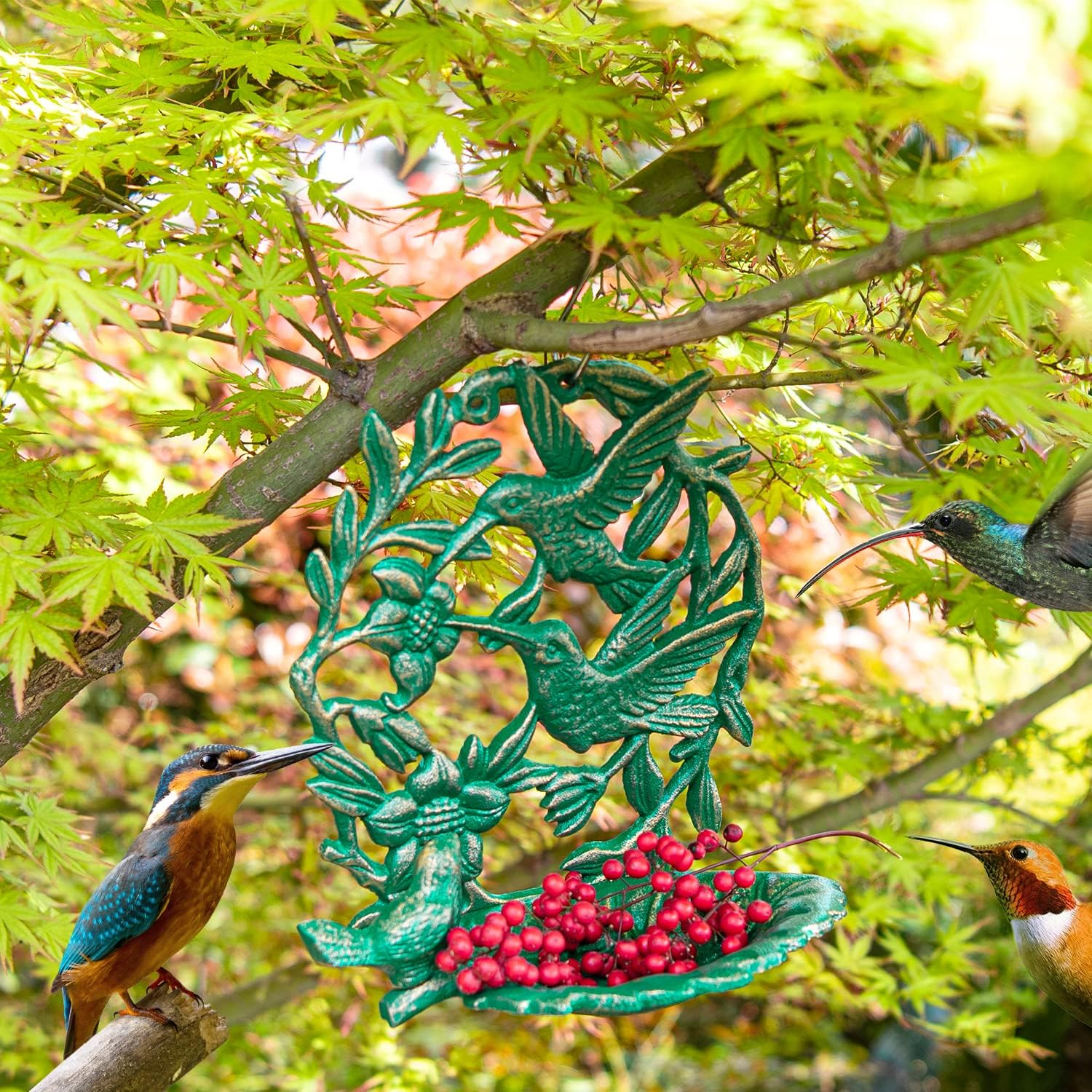 Sungmor Cast Iron Wall-Mounted Bird Feeder, Cute Hummingbird Decor Small Water Bath, Wall Hanging Fence Bird Bath Feeder, Beautiful Green Birdfeeder for Garden Backyard Patio Decoration image number 4
