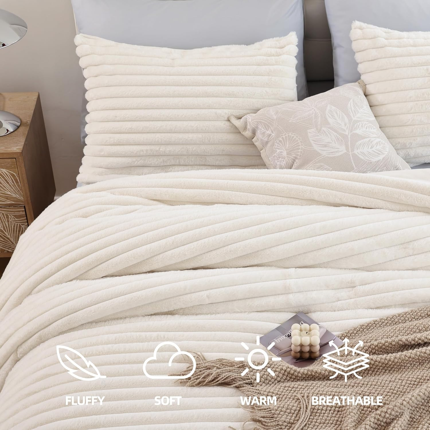 Smoofy Fluffy Full Size Comforter Sets 3 Pieces - Cream White Fleece Fluffy Comforter Set, Luxury Fuzzy Full Bed Set, Soft Comforter Full Size All Season, Heavy Faux Fur Comforter with 2 Pillow Cases image number 4