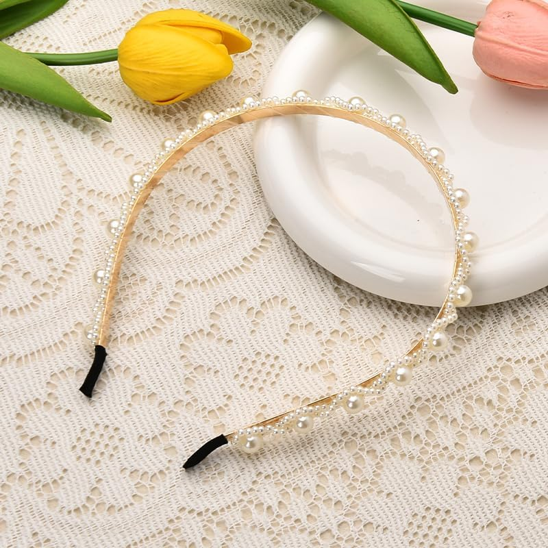 White Pearl Headband for Women Girls Pearl Headpiece Hair Accessories for Women Girls Pearls Hair Band for Wedding Party Beach Hairband with Pearls image number 6