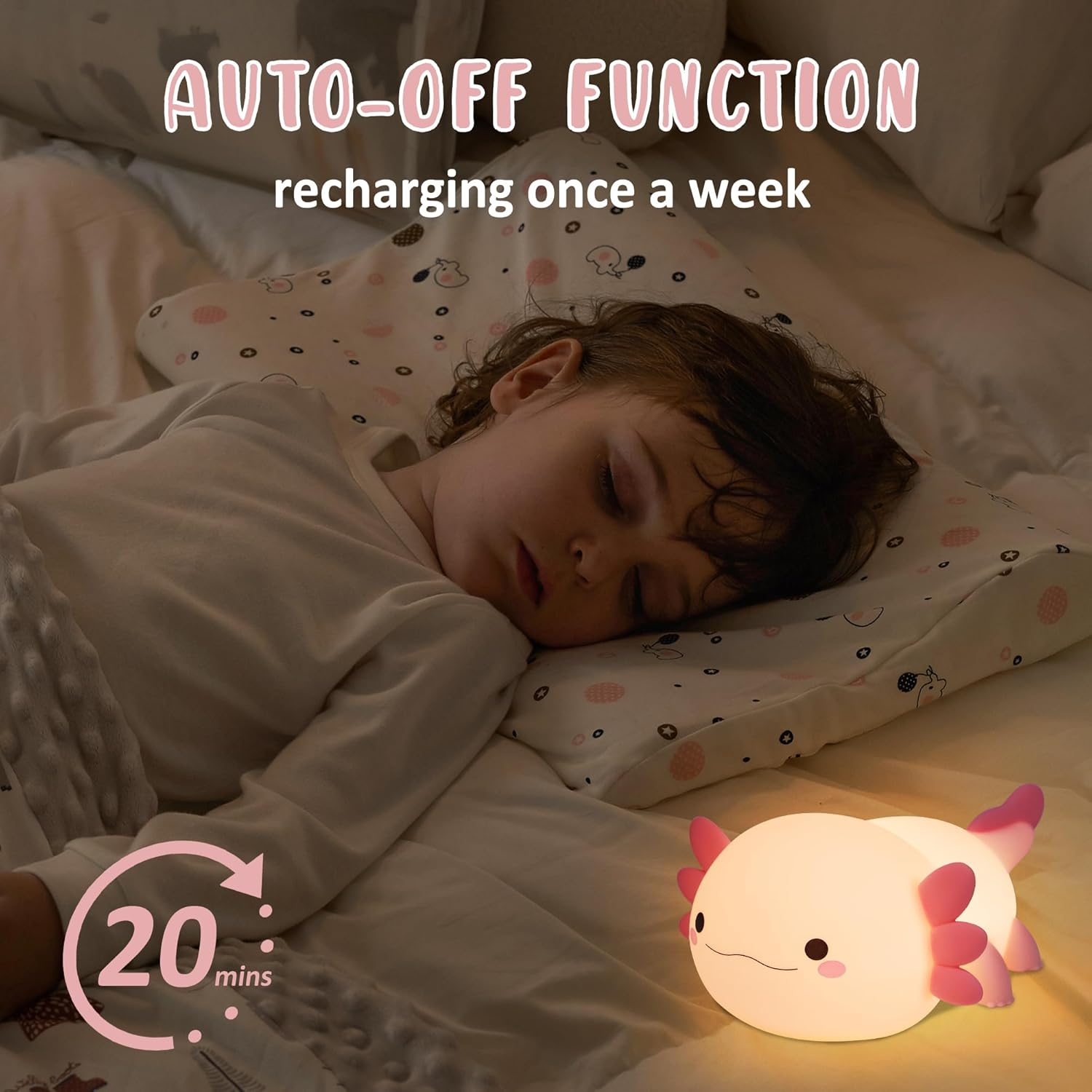Axolotl Night Light, Cute Salamander Silicone Touch Nursery Lamp, Timer Dimmable Rechargeable LED Nightlight, Soft Toddler Feeding Room Bedside Decor, Best Kids Baby Girls Boys Women Gifts image number 5