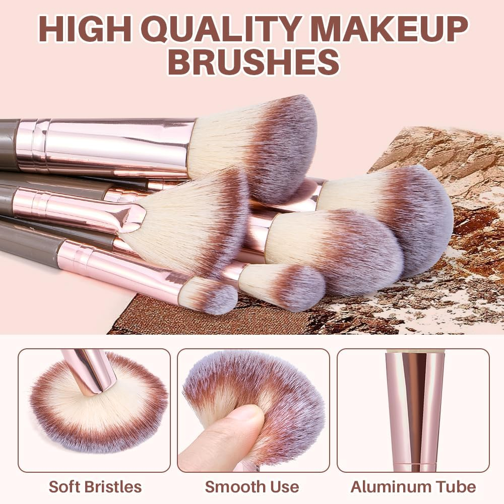 Slowton 56 PCS Makeup Brushes Set, Professional Makeup Kit with 30 Makeup Brushes, 10 Powder Puffs & 10 Sponges, Foundation Concealer Eyeshadow Brush Kit (Brown)