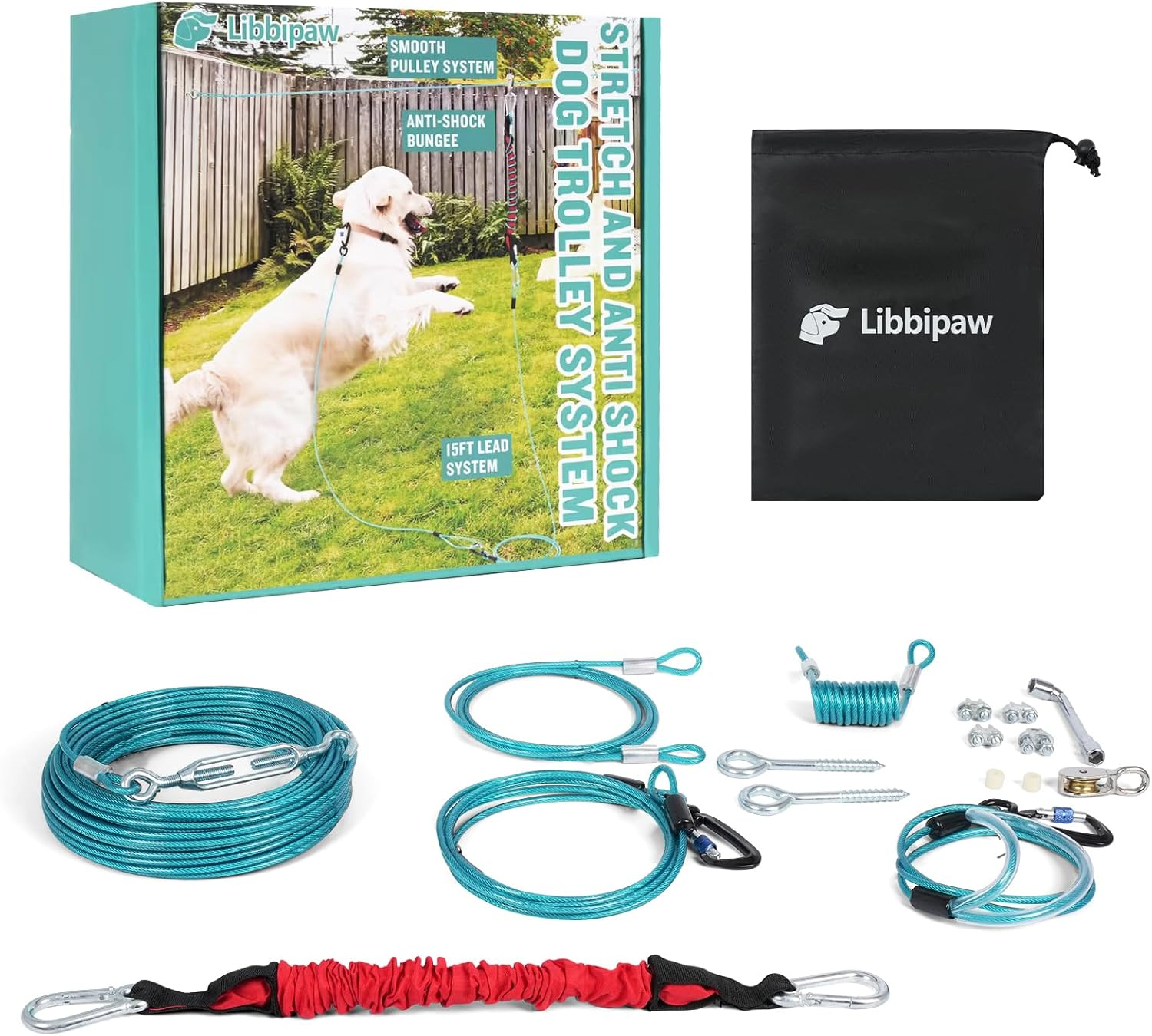 Libbipaw Dog Trolley System - Tangle Free & Shock Absorbing Heavy Duty Runner for Large Dogs up to 300 Lbs, 100 Ft Cable with 15 Ft Leash - Backyard, Park, Camping(100Ft) image number 2