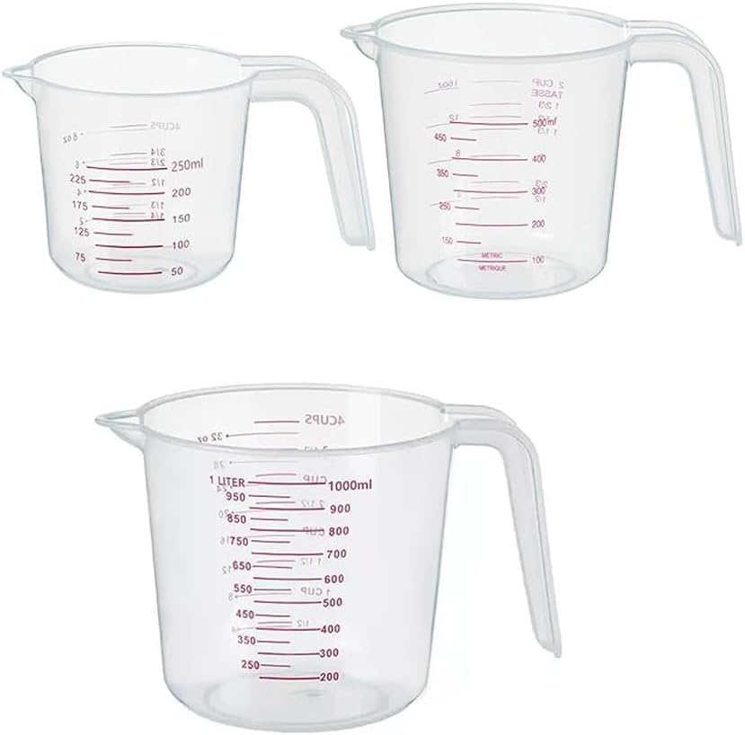 3 Pack Measuring Cup Set,250Ml 500ML 1000ML Clear Measuring Cup for Cooking Baking, Plastic Measuring Jug BPA Free Stackable Plastic Jugs with Handle, Easy to Read Measurements, Cook with Accuracy image number 4