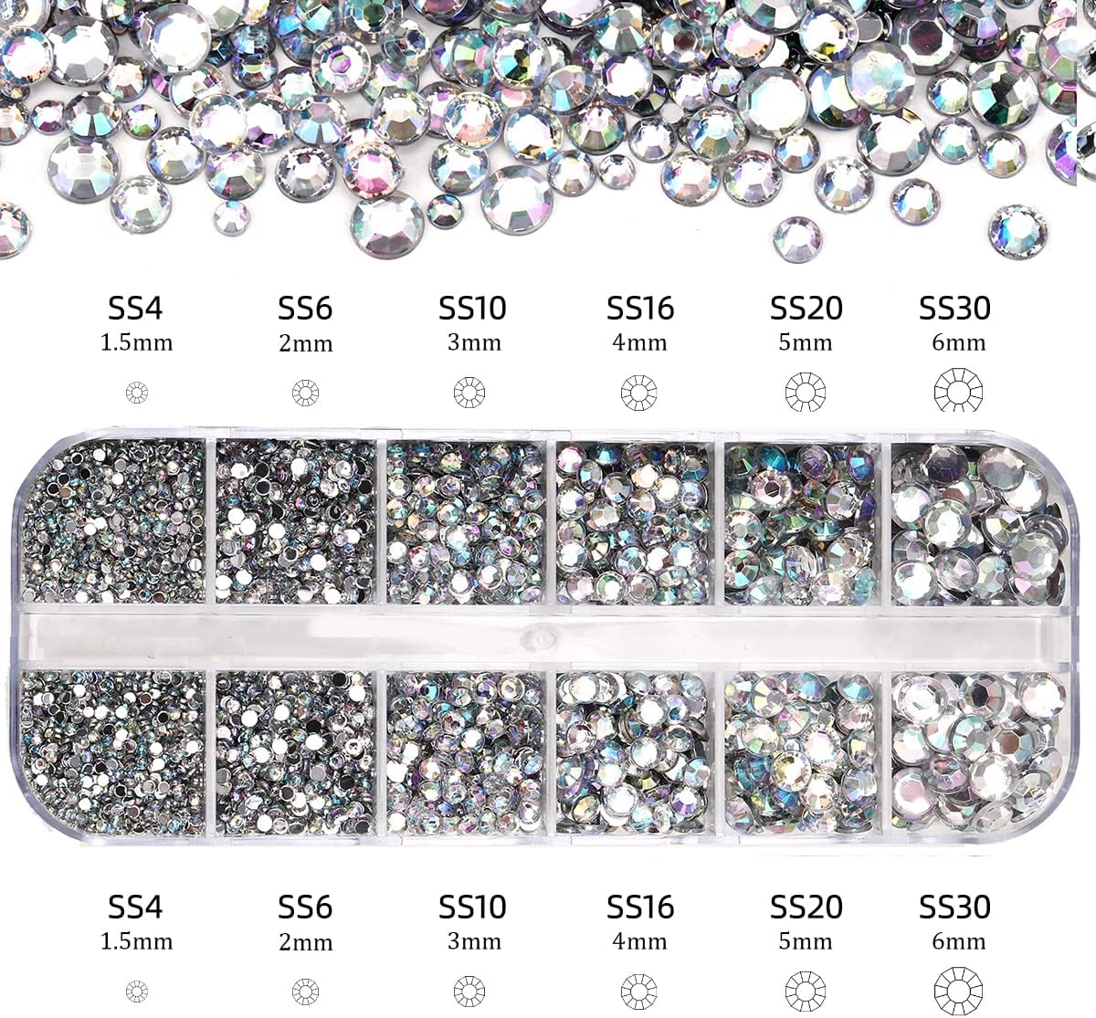 5320 Pieces Flat Back Gems round Crystal Rhinestones 6 Sizes (1.5-6 Mm) with Pick up Tweezer and Rhinestones Picking Pen for Crafts Nail Face Art Clothes Shoes Bags DIY (Black Ab+Clear AB) image number 1