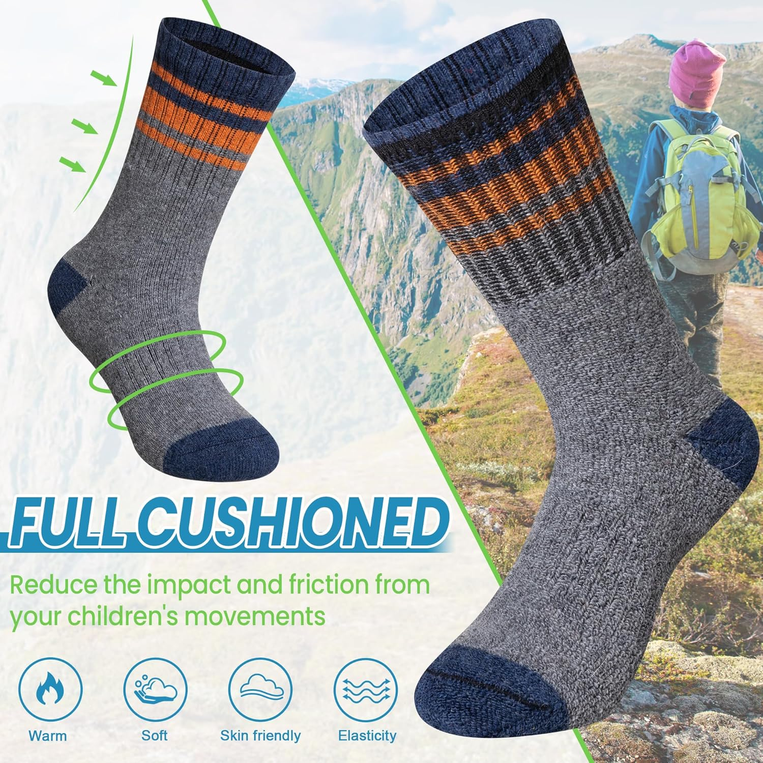 WEVIAS Kids Merino Wool Hiking Socks Boys Girls Thermal Winter Cozy Boot Warm Cushion Socks 6 Pairs image number 4