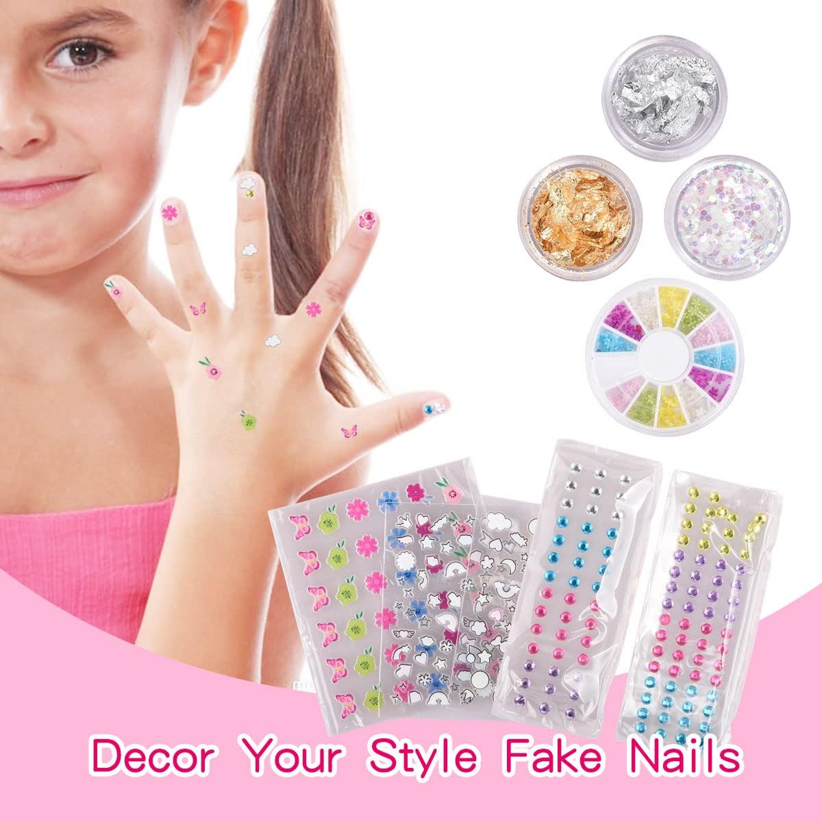 Nail Art Kit with Non-Toxic Nail Polish for Girls, 34Pcs Kids Nail Design Tool Set with Peel-Off Nail Polishes, Dotting Pen, False Nail, DIY Sticker, Nail File and More, Nail Decoration Gift for Girls Age 6-15 image number 2