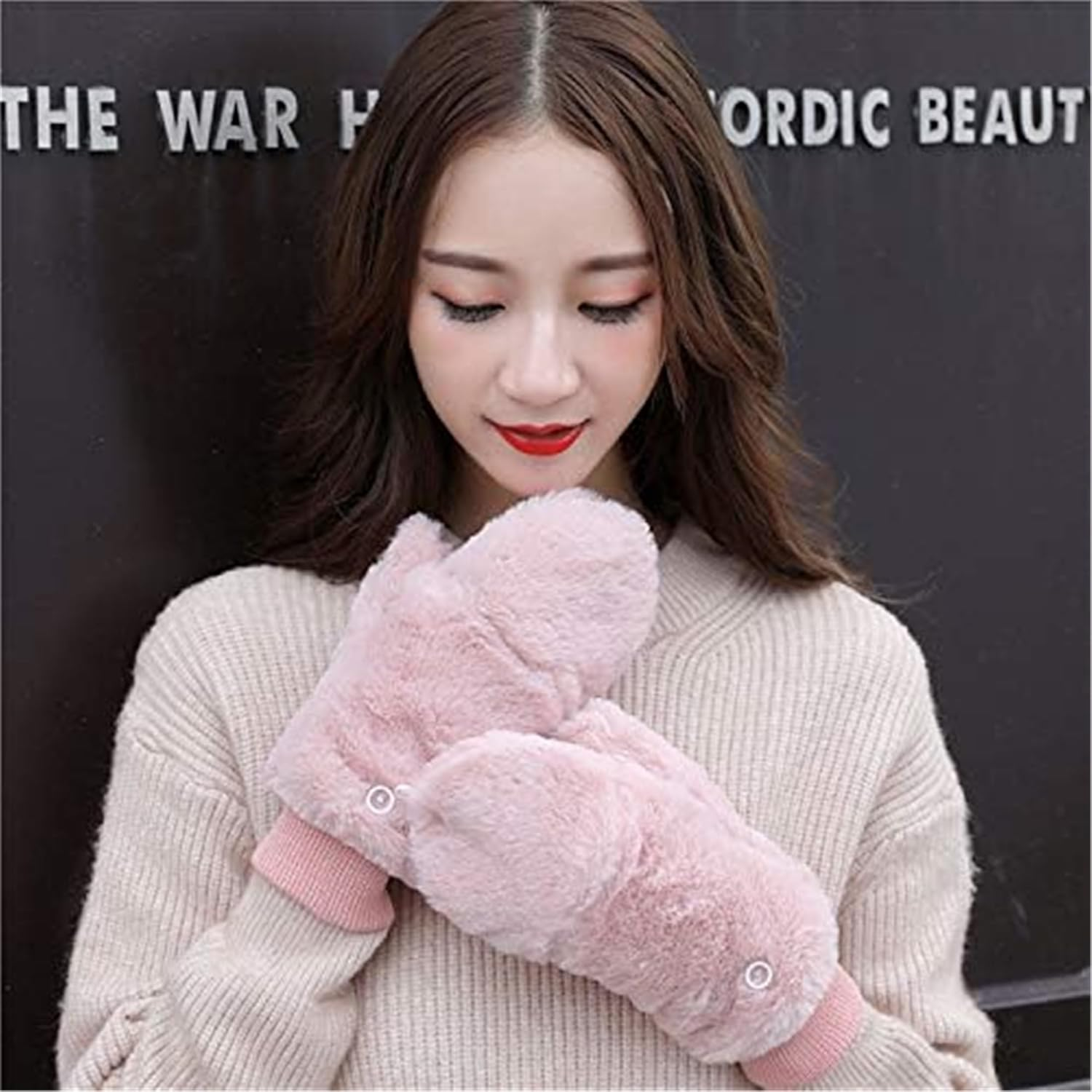 Women Winter Faux Fur Flip Cover Mittens Warm Soft Half Finger Fingerless Gloves(Pink) image number 6