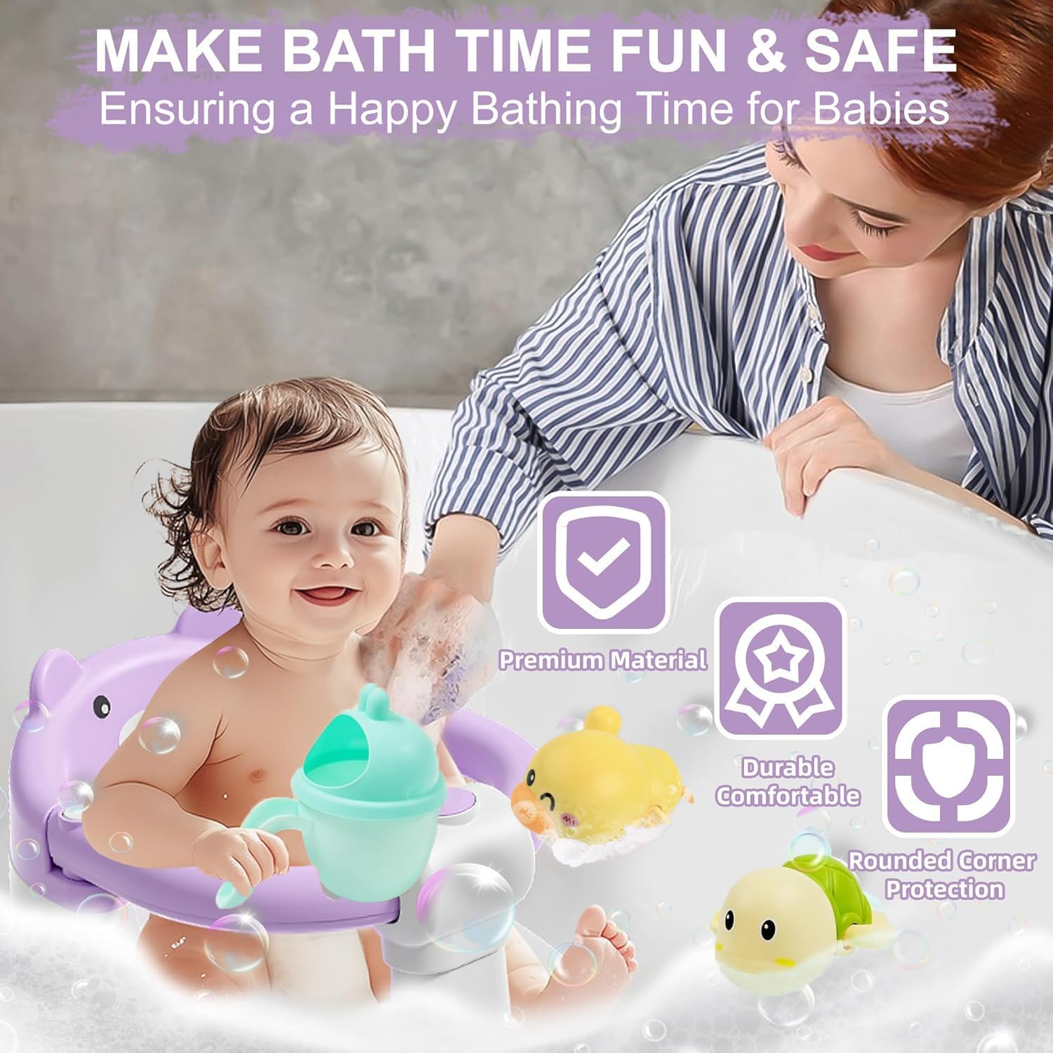 Baby Bath Seat for Babies 6 Months & Up, Toddler Bath Seats for Babies Sitting Up, Non-Slip Infant Bath Tub Chair with 4 Suction Cups & Soft Cushion for Shower, Compact Toddler Bathtub Seat Purple image number 4