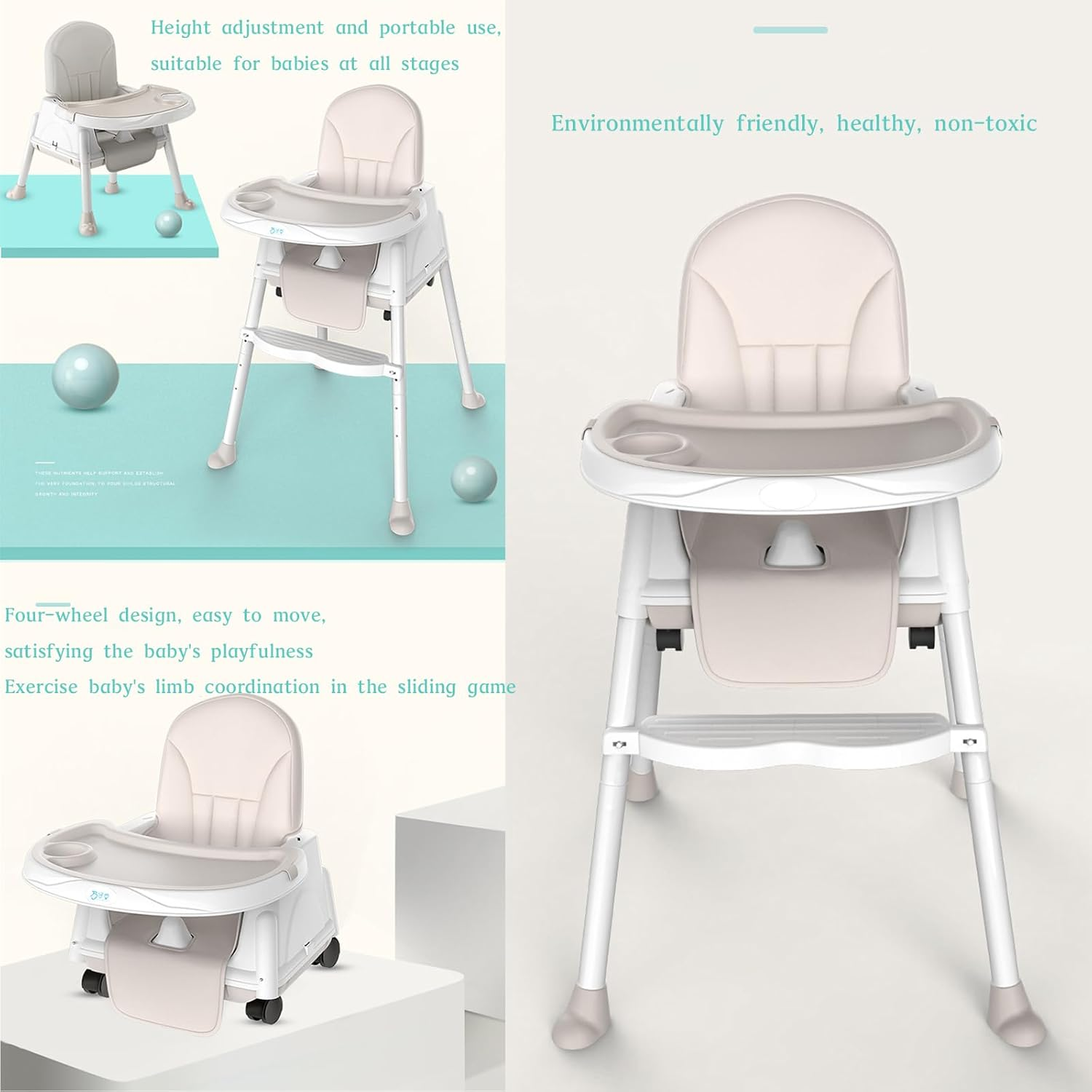 Xcjump Baby High Chair, Portable Feeding Chair with Dining Tray, Height Adjustable Toddler Dining Chair for Babies and Toddlers image number 4