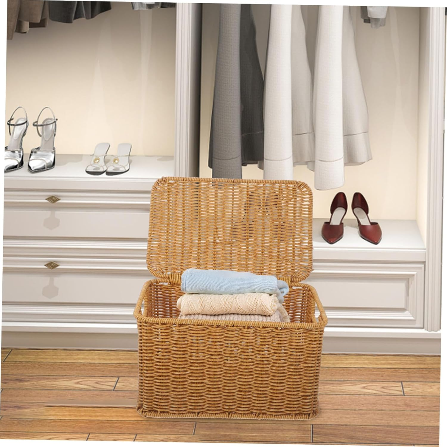 BUTIFULSIC Woven Storage Basket with Lid Multipurpose Household Organizer for Clothes Sundries Handcrafted Rattan Box for Bedroom and Living Small with Handles image number 4