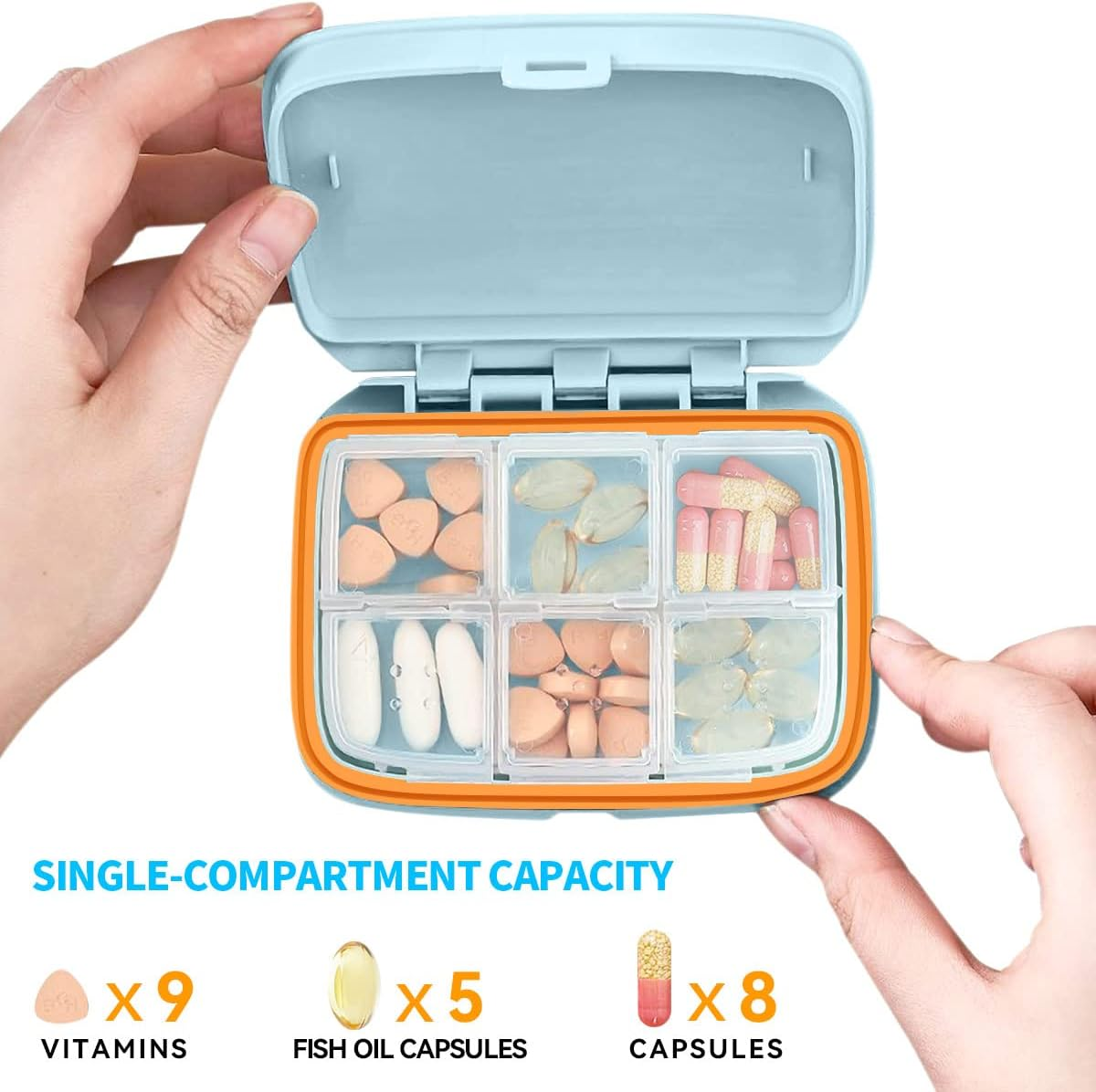 Pill Box Travel Compact Small Pill Container Organizer Fashion Daily Pill Case for Vitamin Supplements Medicine Storage (Blue) image number 1