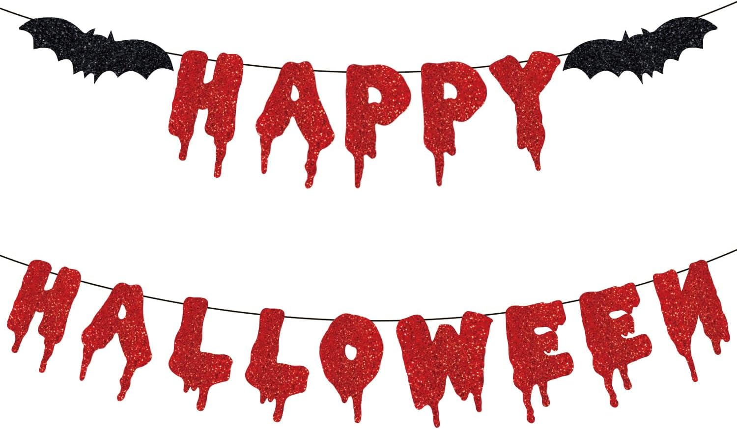 Happy Halloween Banner Red Black Glitter Bat Banner Halloween Hanging Paper Garland Bunting Banner for Halloween Zombie Vampire Haunted Houses Indoor Outdoor Party Decorations Supplies Kit image number 4