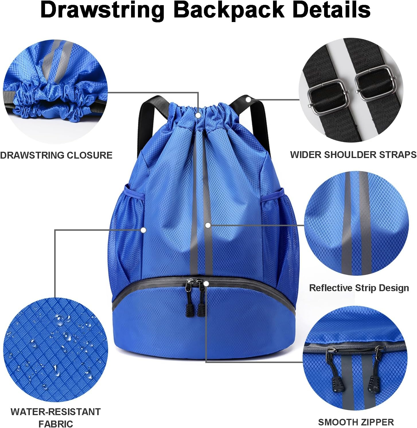 Drawstring Backpack Water Resistant String Bag Gym Sports with Shoe Compartment Side Mesh Pockets for Women Men image number 4