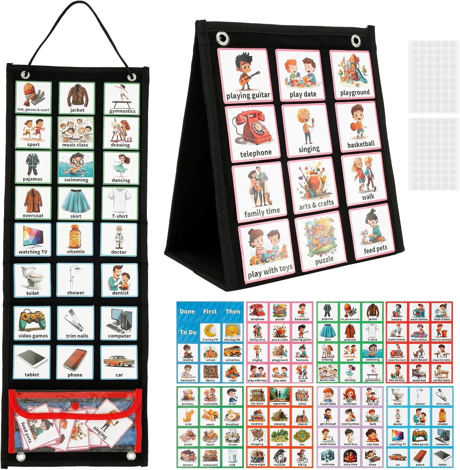 Visual Planner Chore Chart, Autism Daily Chore Routine Chart with 70 Cards Autism Learning Materials Kids Visual Behavioral Tool Wall Planner Visual Schedule Calendar Chart for Kids Boys Girls (Black)