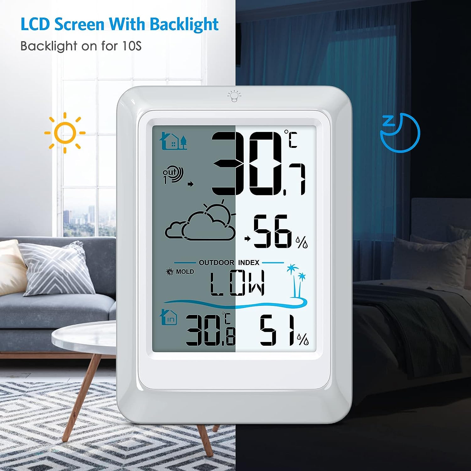 AMIR Wireless Weather Station with Outdoor Sensor, Humidity Monitor Wireless, Outdoor Indoor Thermometer Hygrometer Room Thermometer Wireless with Weather Forecast, Digital Thermometer with Backlight image number 5