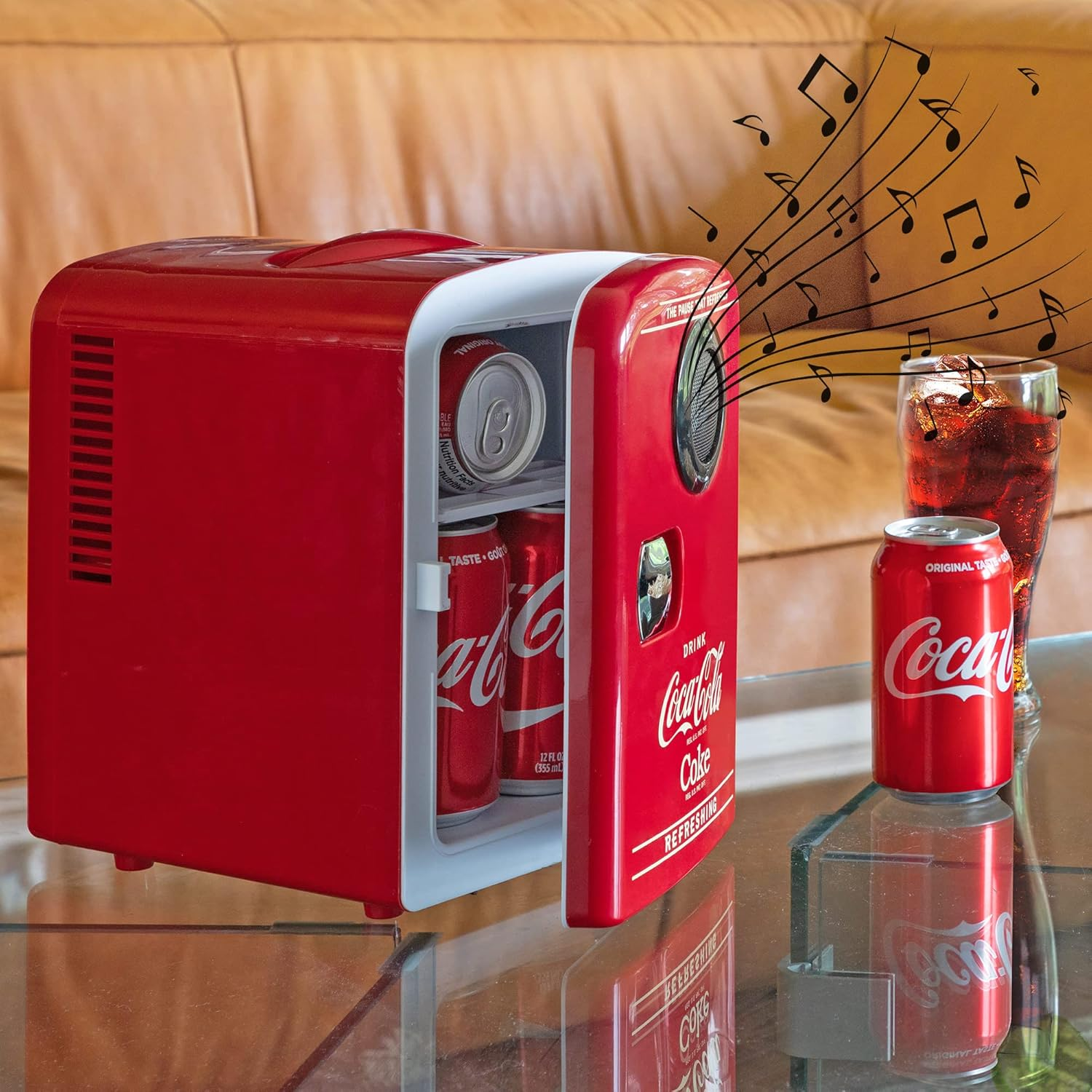 Coca Cola Mini Fridge - Refrigerator for Bedroom Skincare Office, Portable Table Top Beverage Cooler 12V DC/220V AC Refrigerador for Drink, Soda, Wine, Use in Car, Dorm, Patio, Bluetooth, 6 Can image number 1