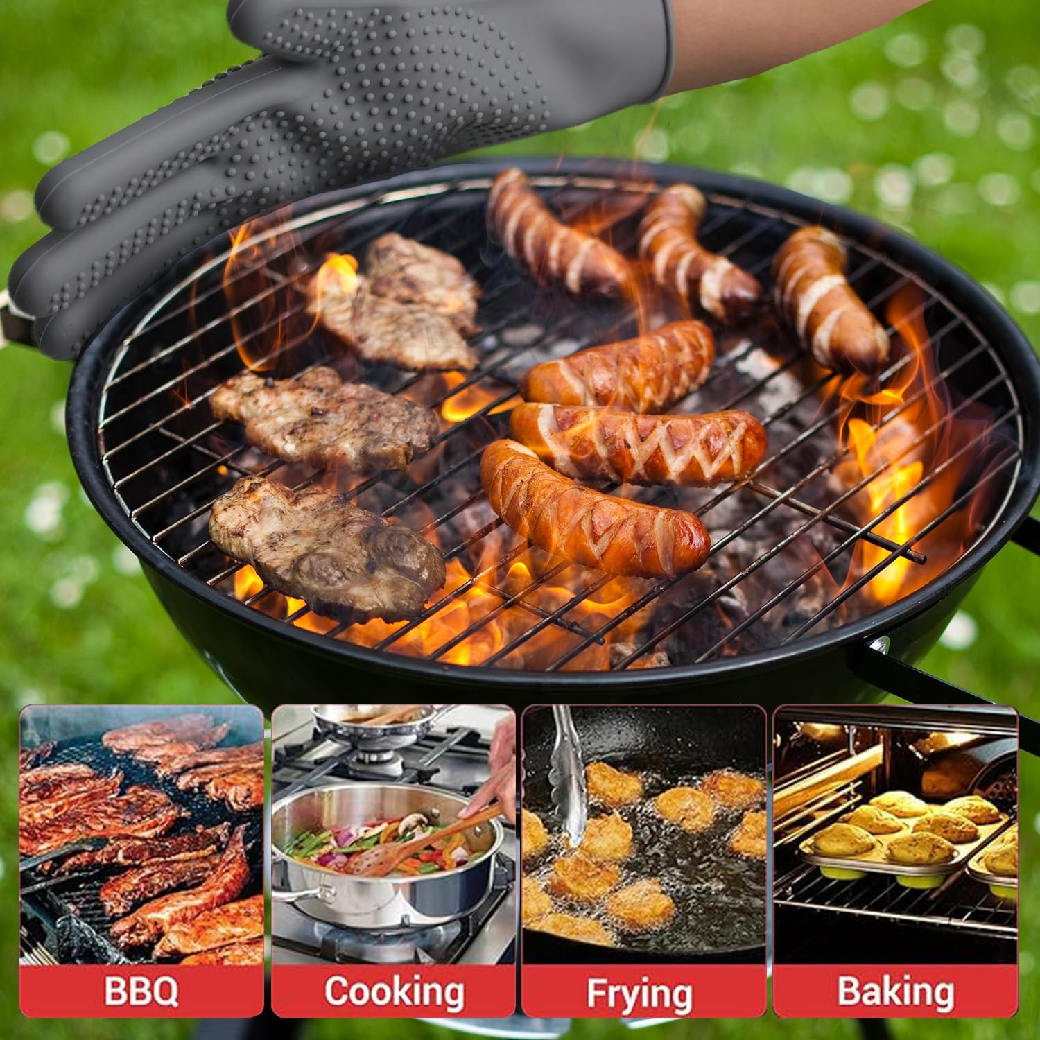 Silicone Oven Mitts &ndash; Heat Resistant Five-Finger Baking Gloves for Kitchen, BBQ, and Cooking (Blue) image number 2