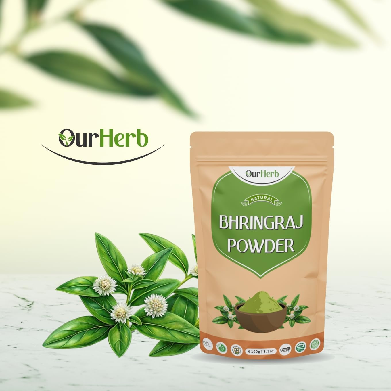 Ourherb Pure & Organic Bhringraj (Eclipta Prostrata) Powder for Natural Hair Care with Wooden Spoon - 100G | 3.5 Oz image number 3