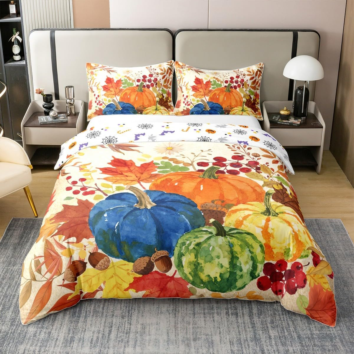 Homewish Aesthetic Watercolour Prints Pumpkin Cotton Duvet Cover for Children Boys Teenagers Maple Leaves Bed Linen 155 X 220 Cm Autumn Plants Flowers Leaves Nut Fruit Bedding Set Autumn Harvest Bed