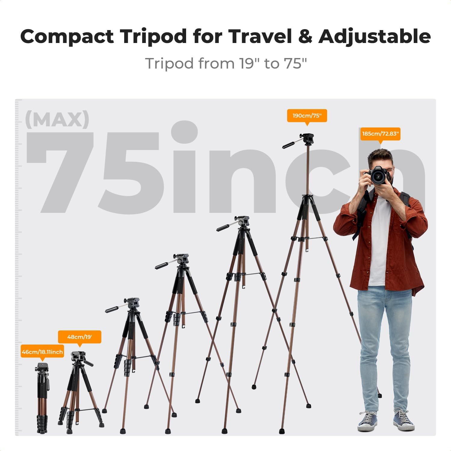 190Cm/75'' K&F Concept Compact Tripod for DSLR Camera, Camera Tripod for Canon Nikon Sony with 2-In-1 Phone Tablet Holder, Travel Tripod with Bluetooth, Load Capacity 4Kg (Bronze Gold) image number 5