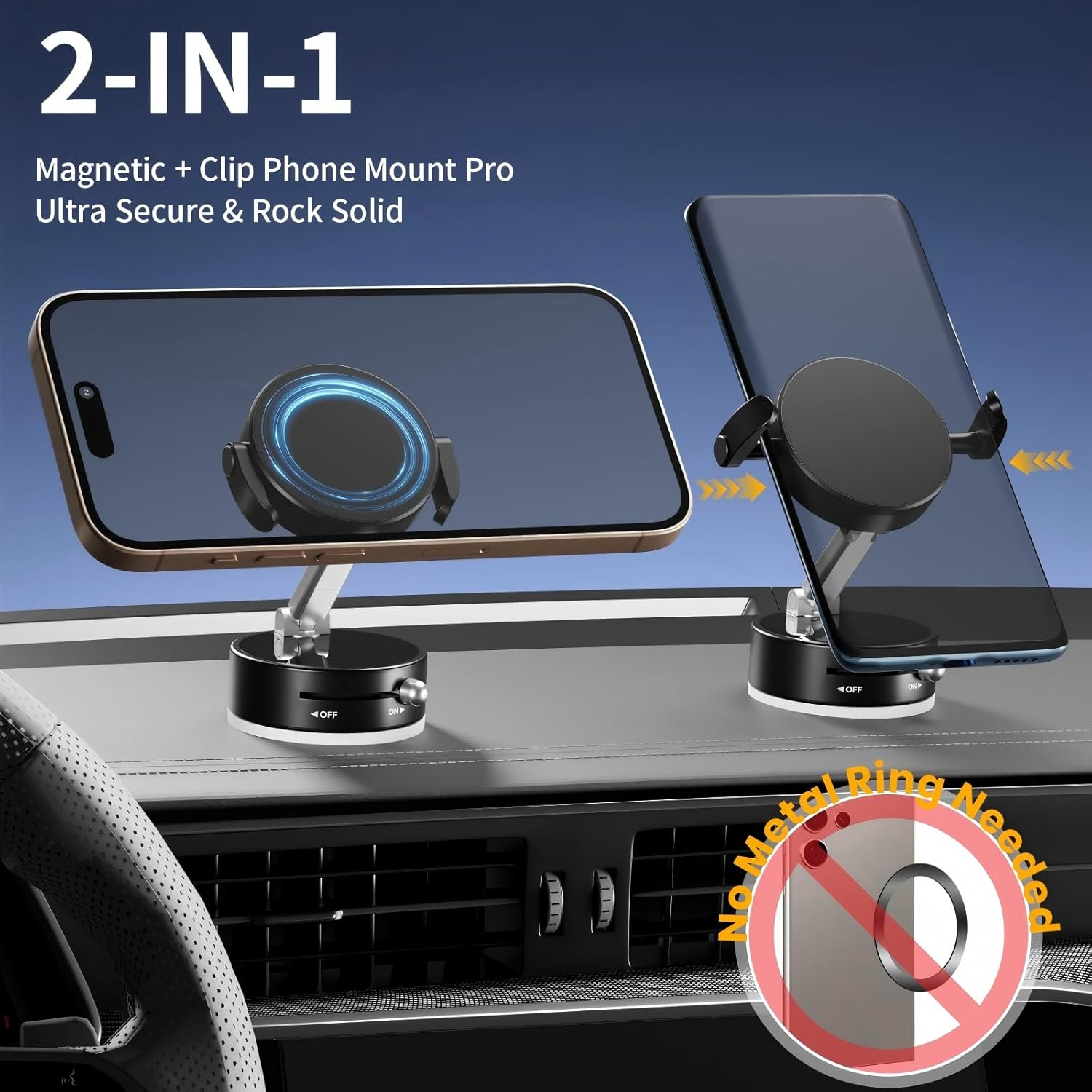 Car Phone Holder, Vacuum Magnetic Suction Phone Mount with Clamp, Magnetic Adjustable Holder, 360&deg; Rotatable Mobile Phones Holders for Dashboard, Magnetic Mount for Iphone All Smartphones, Black image number 5