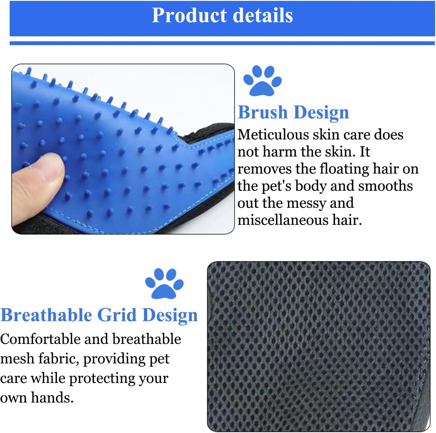 Soft Silicone Pet Grooming Gloves,A Pair for All Pet Hair Removal and Bath Needs, Also Serves as Cat Brush(Blue) image number 2