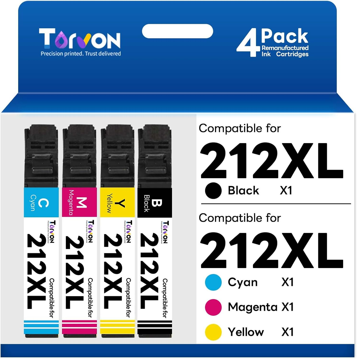 Torvon 212XL Ink Cartridge for Epson 212 212XL 212 XL Ink Cartridges Combo Pack 4 Compatible with Epson XP-2100 XP2100 XP-3100 XP-3105 XP-4100 XP4100 WF-2810 WF-2830 WF-2850 Printer(B/C/M/Y)