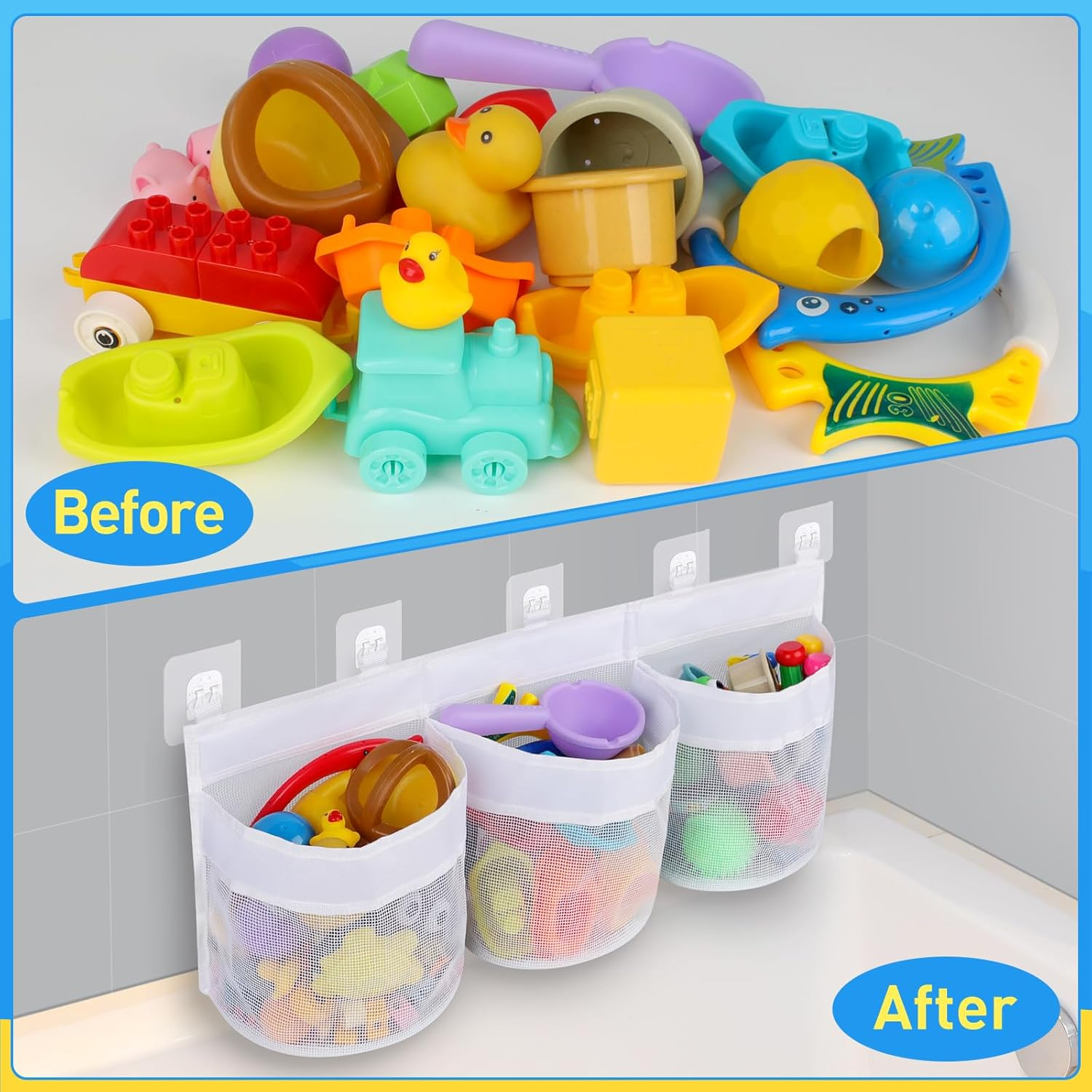 Large Bath Toy Storage Organizer with 3 Compartment Openings 5 Strong Self Adhesive Hooks, Mesh Baby Bathtub Shower Toy Tidy Net Basket Holder Bags for Bathroom Bedroom image number 1