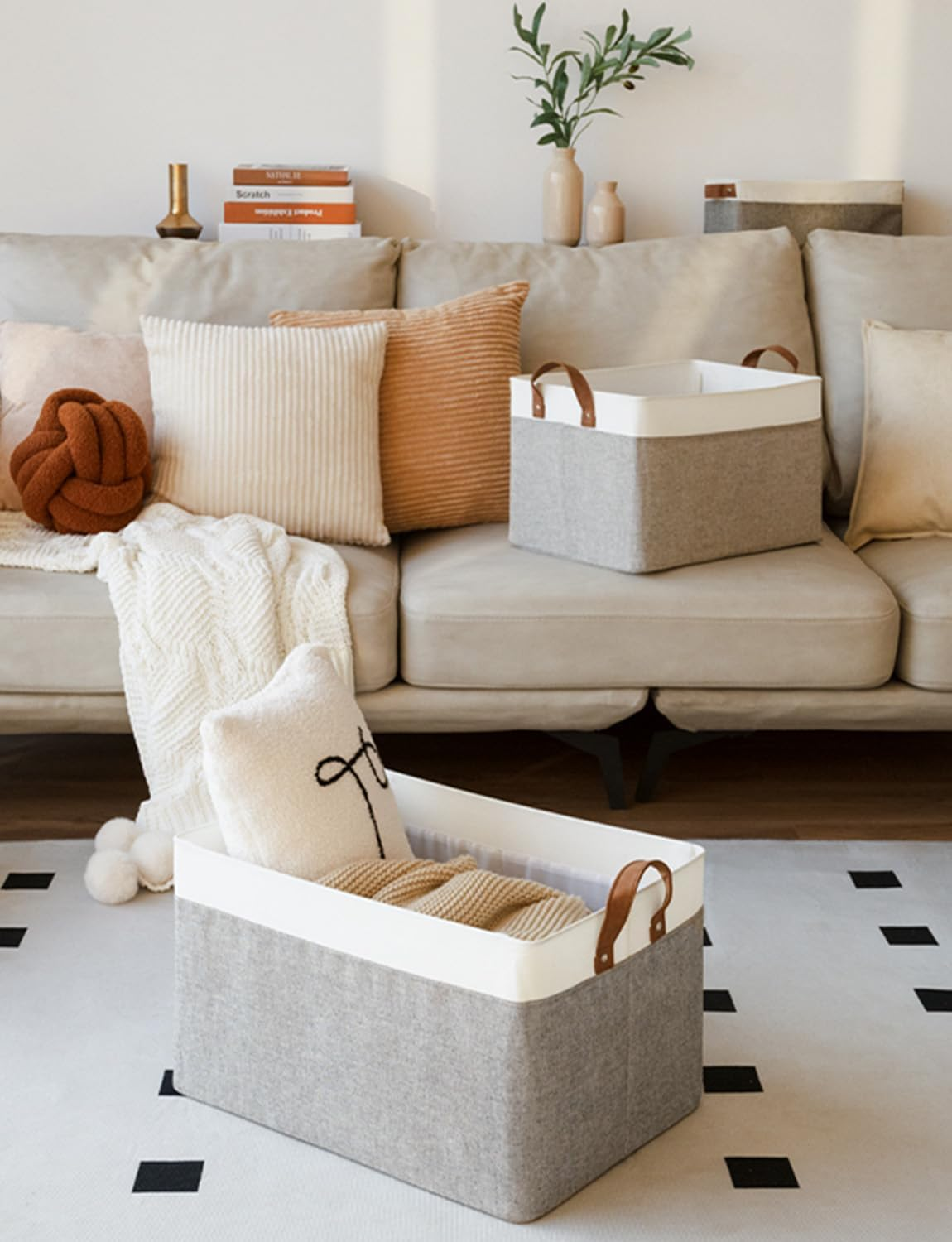 Storageworks Storage Bins, Shelves Baskets for Organizing, Large Fabric Closet Organizers with Handles, Metal Frame, Gray and White, 2-Pack