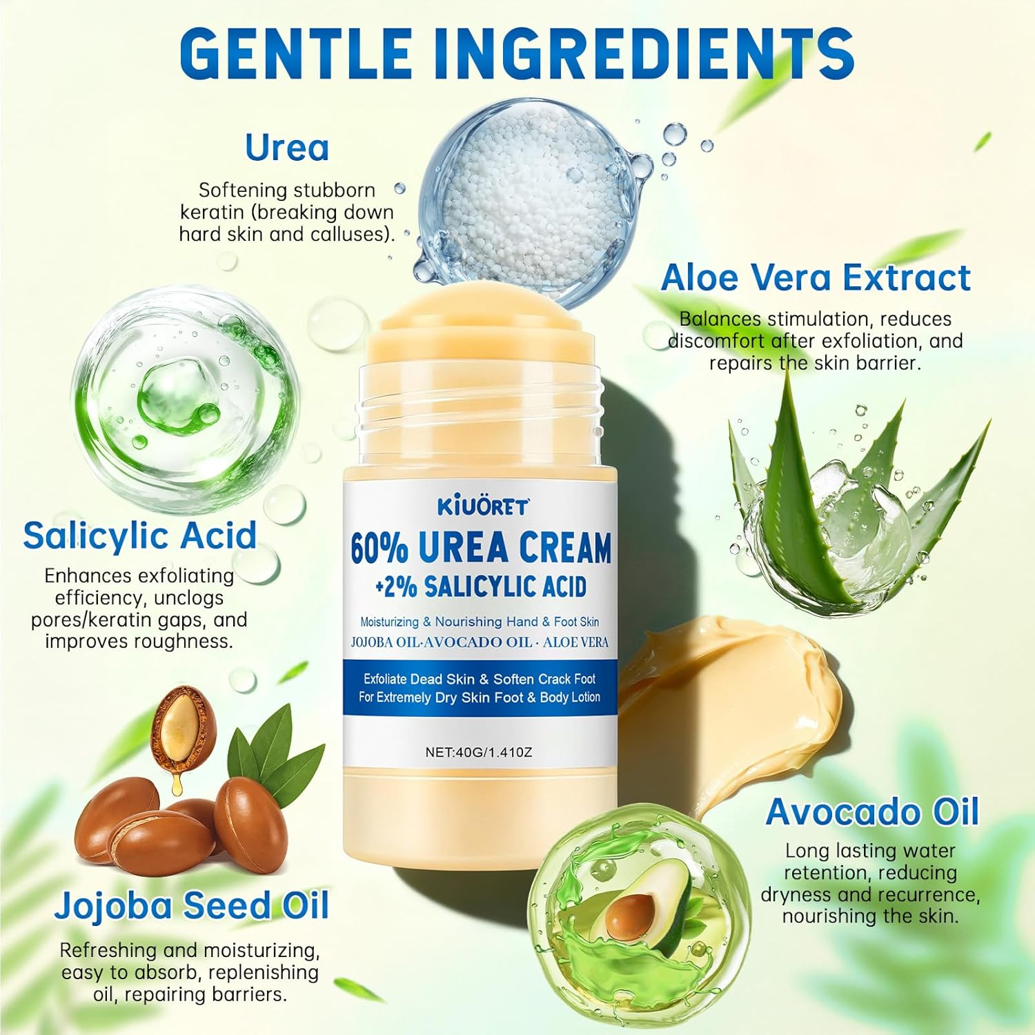 60% Urea Cream with 2% Salicylic Acid & Aloe Vera - Intensive Moisturizing Urea Foot Cream for Dry, Cracked Feet - Exfoliates Dead Skin, Smooths Rough Areas - Hydrating Foot Cream Stick for All Skin Types image number 2