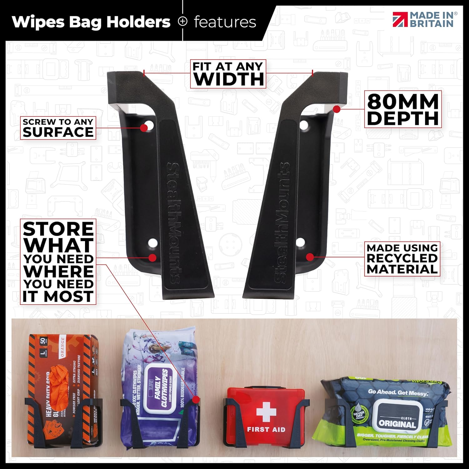 Stealthmounts Wipe Holder | 2 Pack | Mounts for Wipe Storage | Made in the UK image number 2