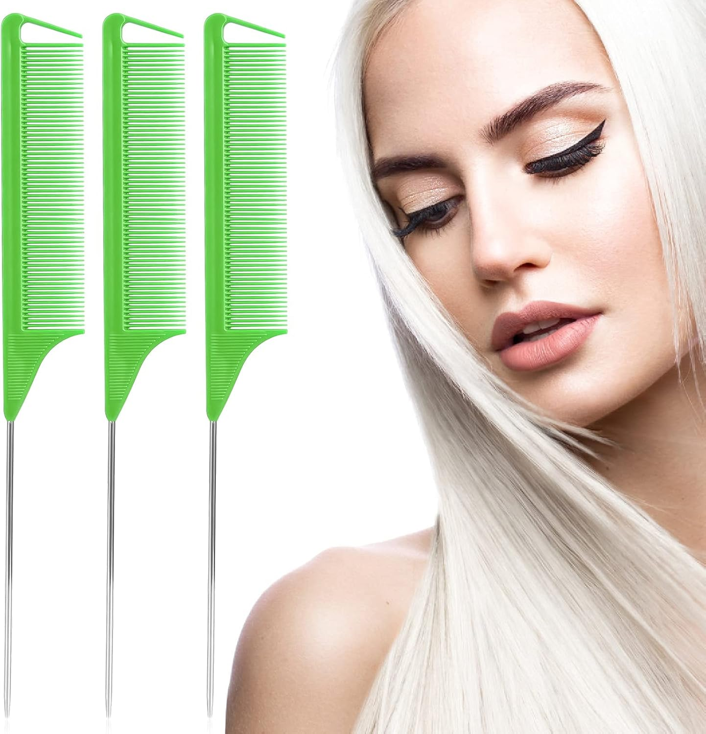 Rat Tail Combs Set: 3Pcs Steel Pin Teasing Combs for Hair Stylists, Parting Combs for Women (Green) - Blue image number 2