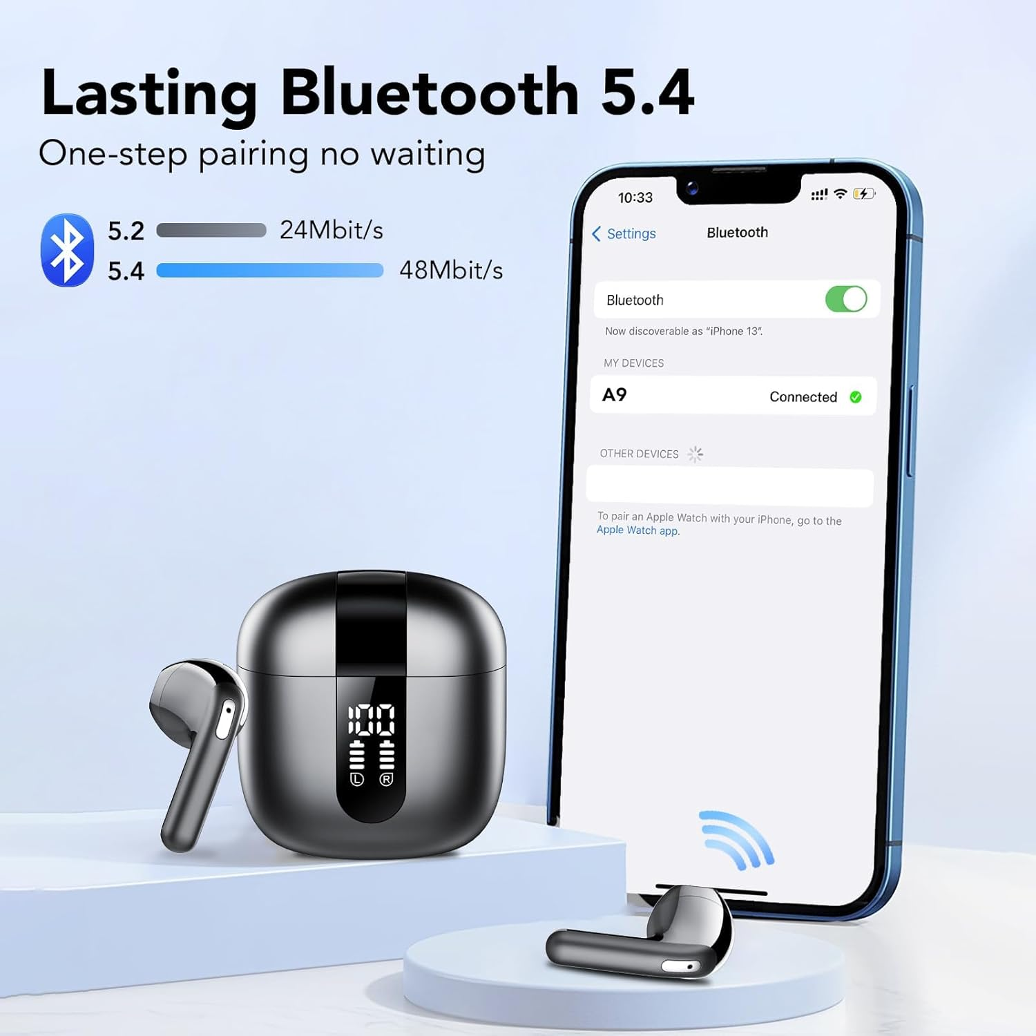 Wireless Earbuds, Bluetooth 5.4 Headphones with 4 ENC Noise Cancelling Mic, 2025 Earbuds 50H Playtime, LED Display, IP7 Waterproof, Deep Bass, in Ear Earphones for Phone, Travel, Sports, Black - Moon White image number 5