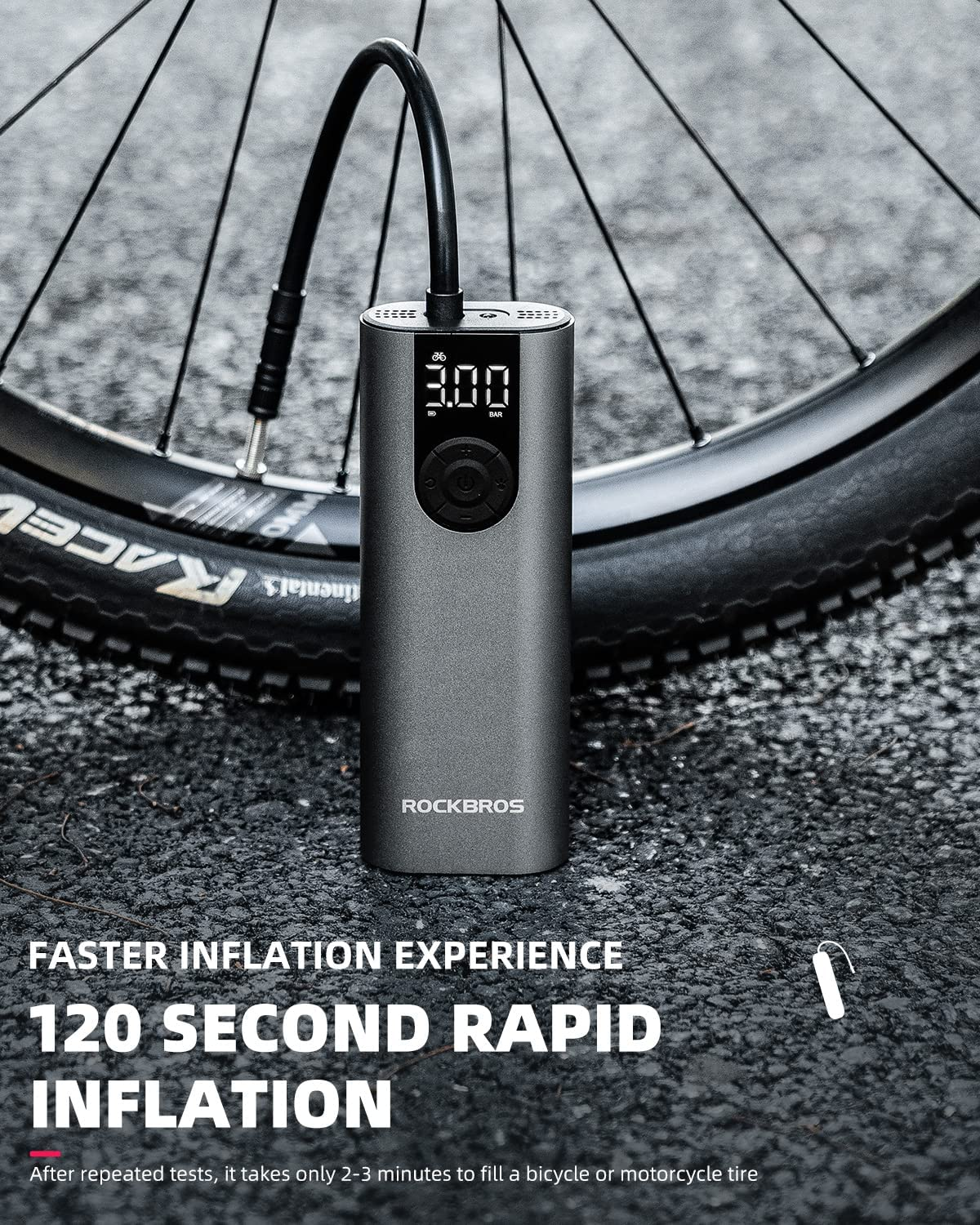 ROCKBROS Portable Air Pump 150PSI Mini Electric Tire Pump Inflator 5 Modes Cordless Air Compressor with 2*2600 Mah Rechargeable Lithium Battery Portable Tire Pump with LED Light for Bike Motorcycle Car Tires Balls Inflatables image number 4