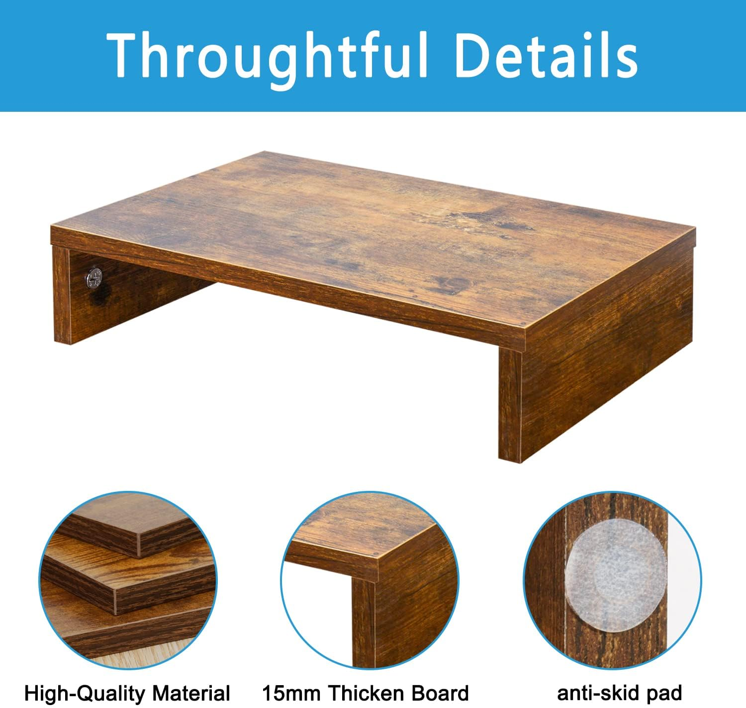 TEAMIX 14.2 Inch Monitor Stand Riser, Rustic Brown Wood Monitor Riser with Storage for Desk Small Monitor Stand Tv/Screen/Pc/Laptop Riser Computer Stand Desktop Shelf image number 3